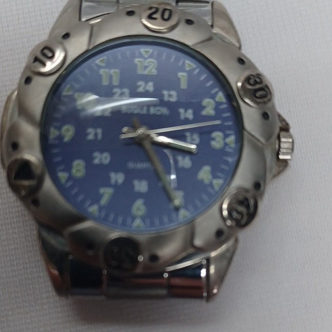 Bugle Boy Men’s Quartz Analog Wristwatch Blue Dial Silver Tone Metal Bracelet