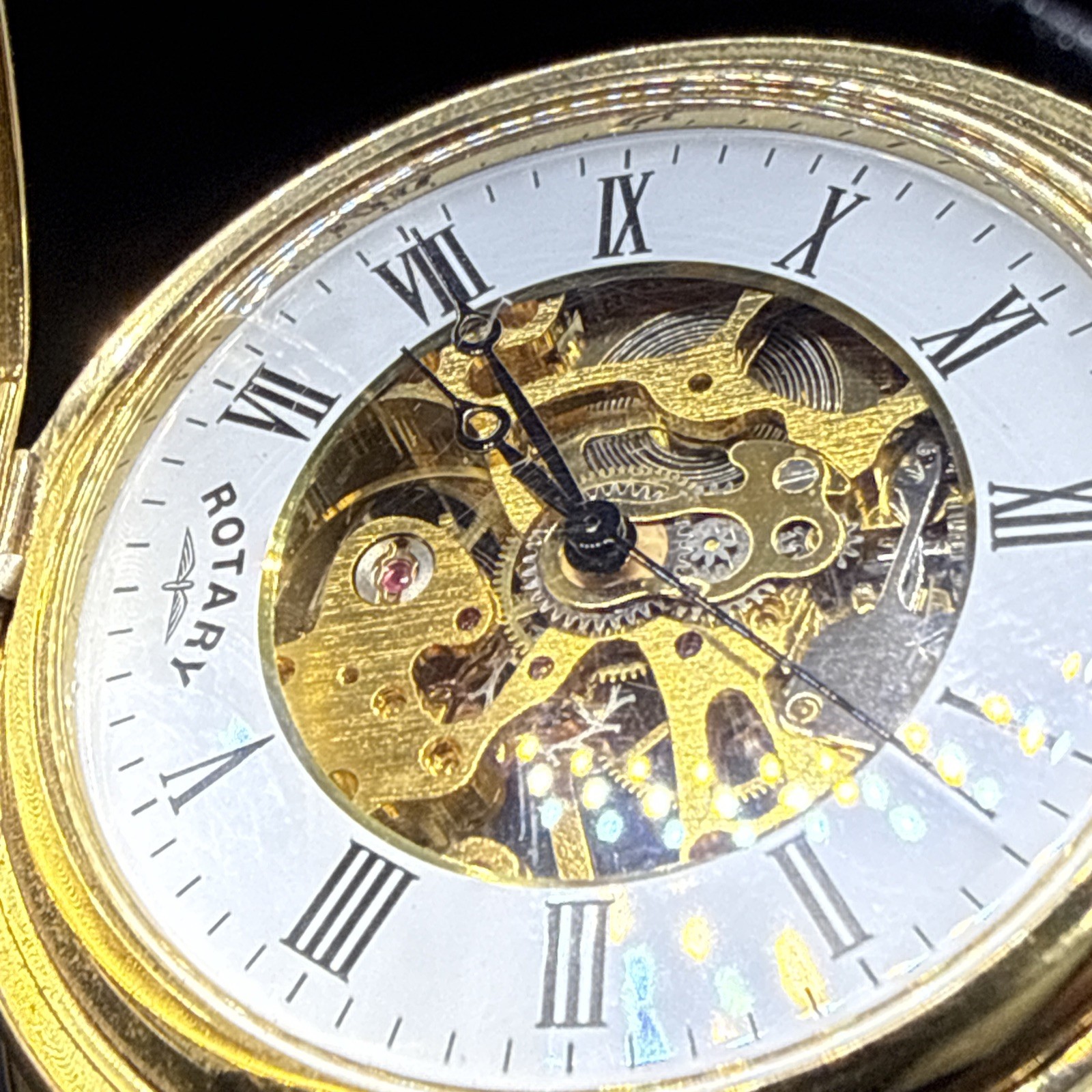 Vintage Rotary Gold Plated Skeleton Half Hunter Pocket watch -Good Working Order
