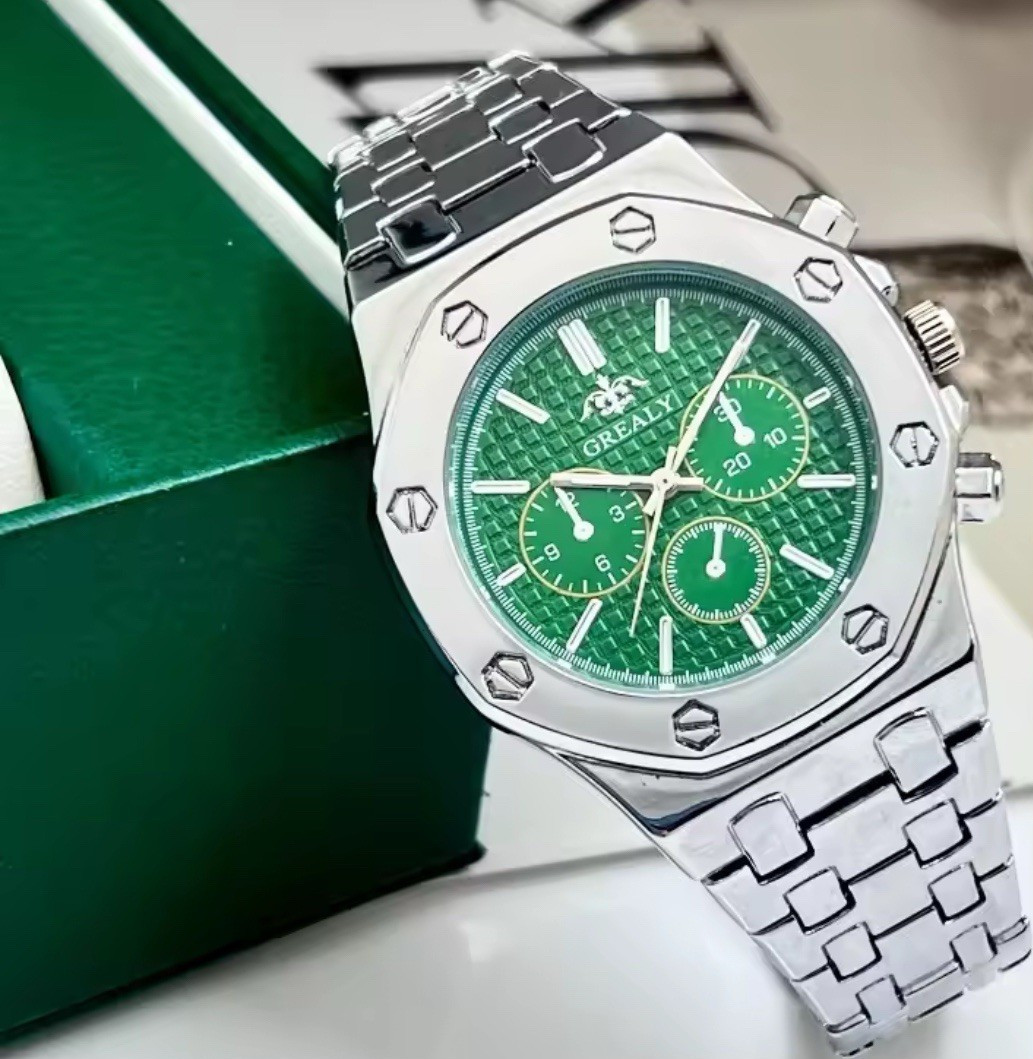 GREALLY Octagon Chronograph Quartz Analog Watch Silver Steel Bracelet Dial