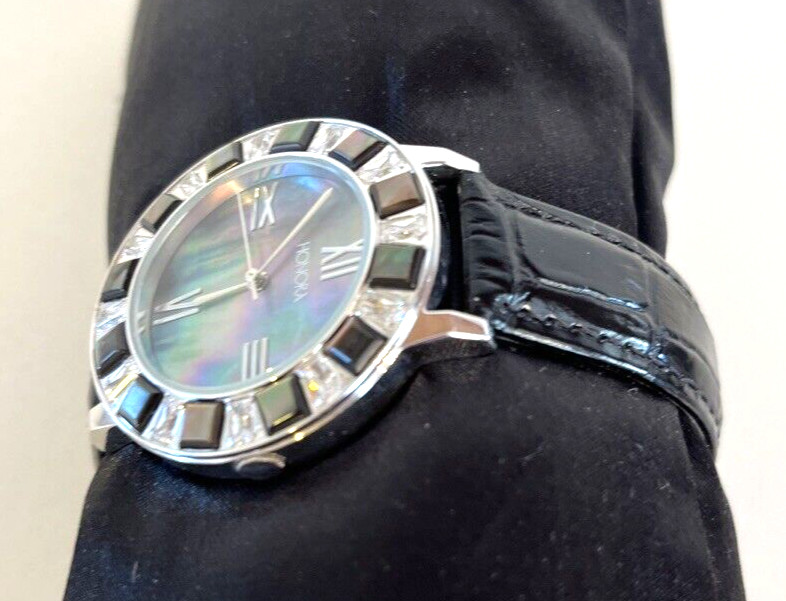 Honora Ladies Watch Mother of Pearl White Topaz Croc Embossed Leather Band NEW