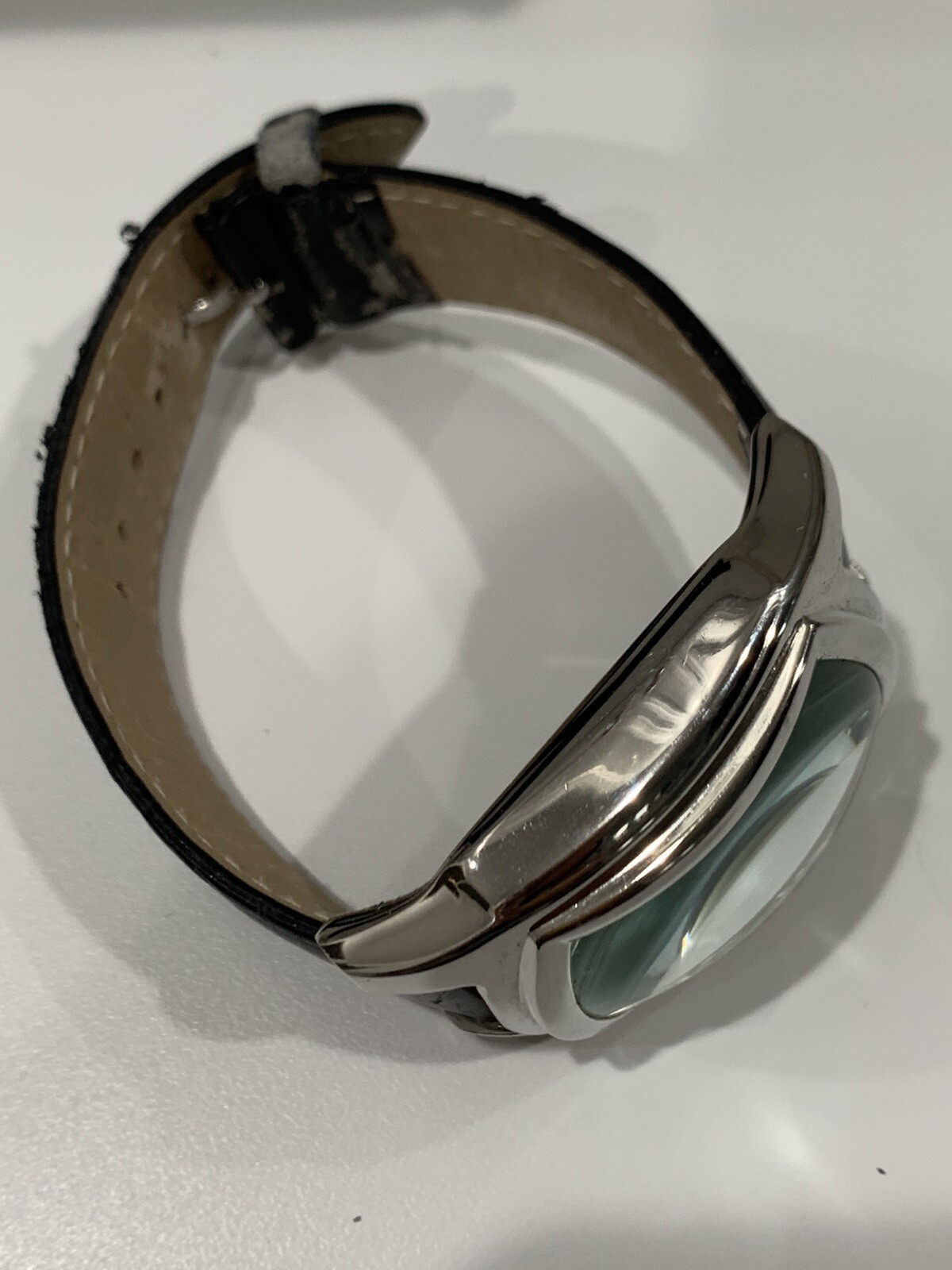 Decade Watch Quartz Silver Tone Dial Raised Crystal Black Leather Band Untested