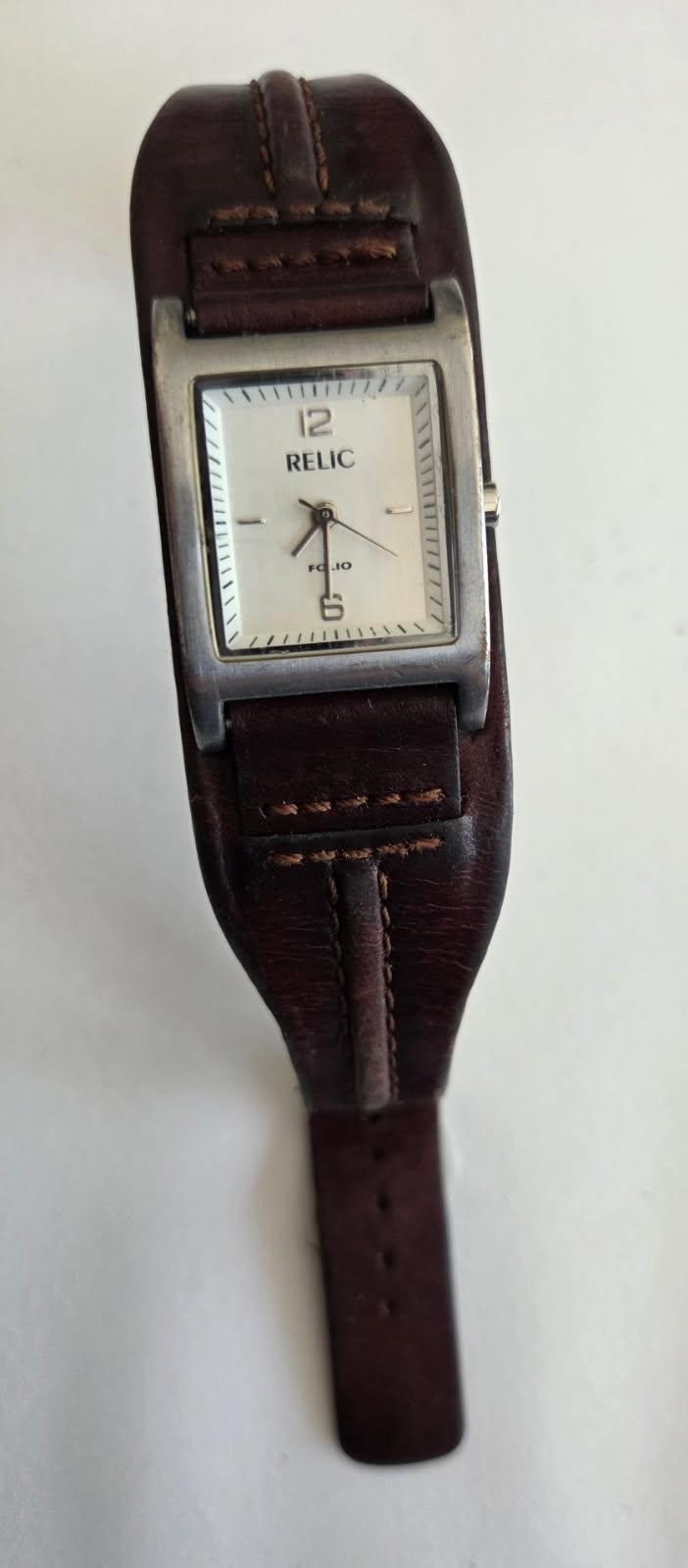 Relic By Fossil Folio Women Silver Tone Square Quartz Watch Brown Leather Strap
