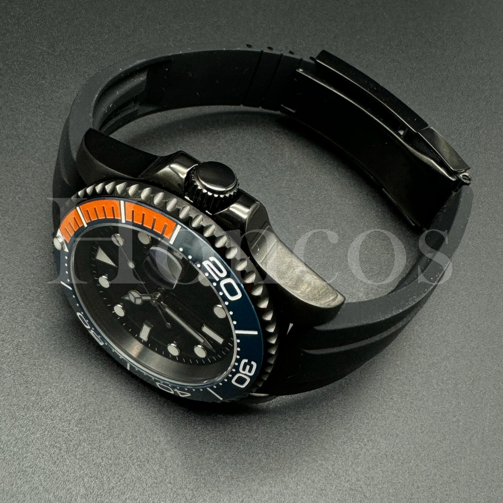 Custom Made MODS Style Watch NH35 Auto Movement BL/OG/WT Bezel Black Rubber