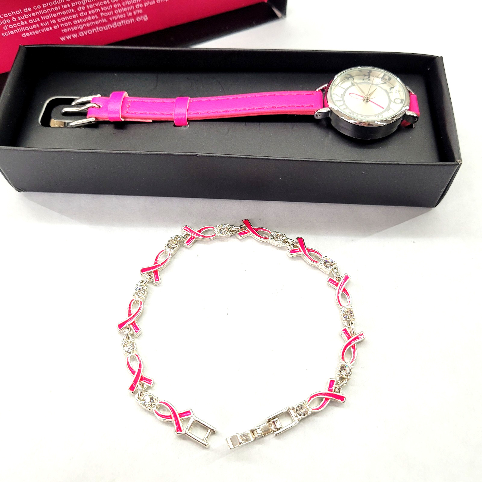Avon Breast Cancer Watch Hot Pink & Ribbon Bracelet New in Box – needs battery