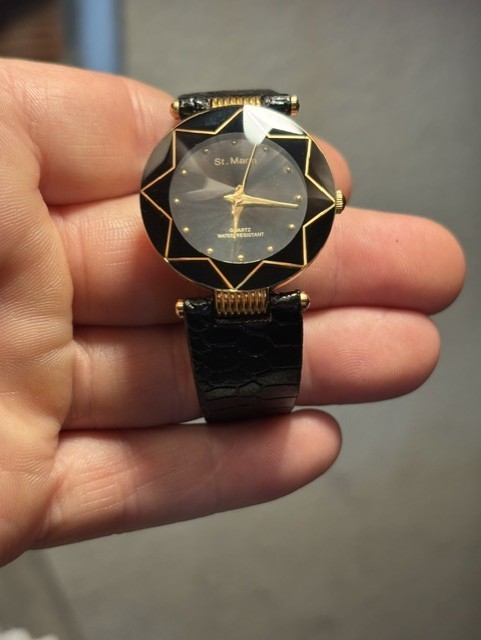Vintage St. Marin 18k Gold Plated Quartz Black Starburst Dial Tapered Glass