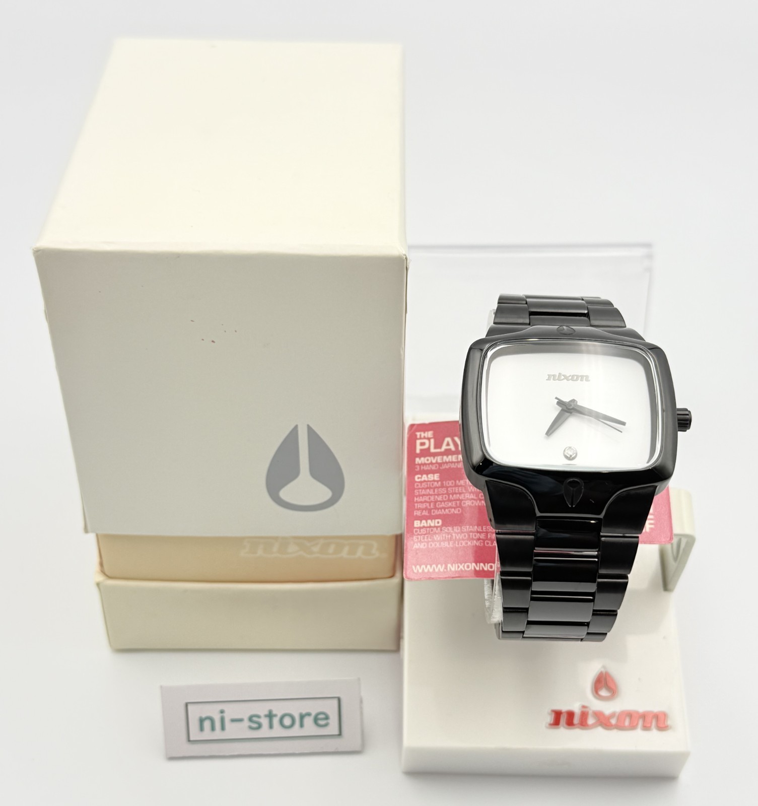 NIXON The Player Black White Color Quartz Watch w/Box, Stand – Rank S