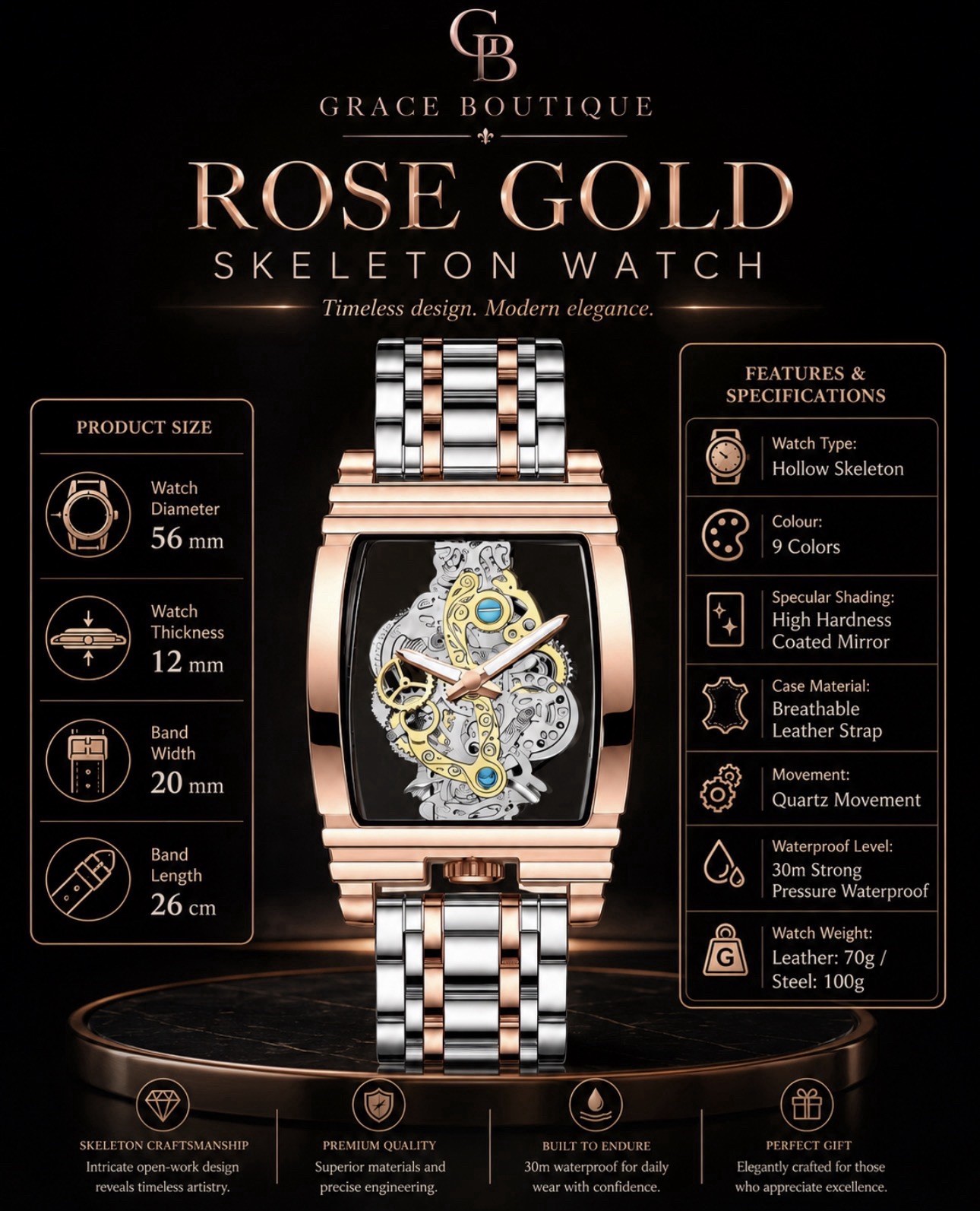 Grace Boutique Rose Gold Skeleton Dial Quartz Watch Two-Tone Bracelet 30m