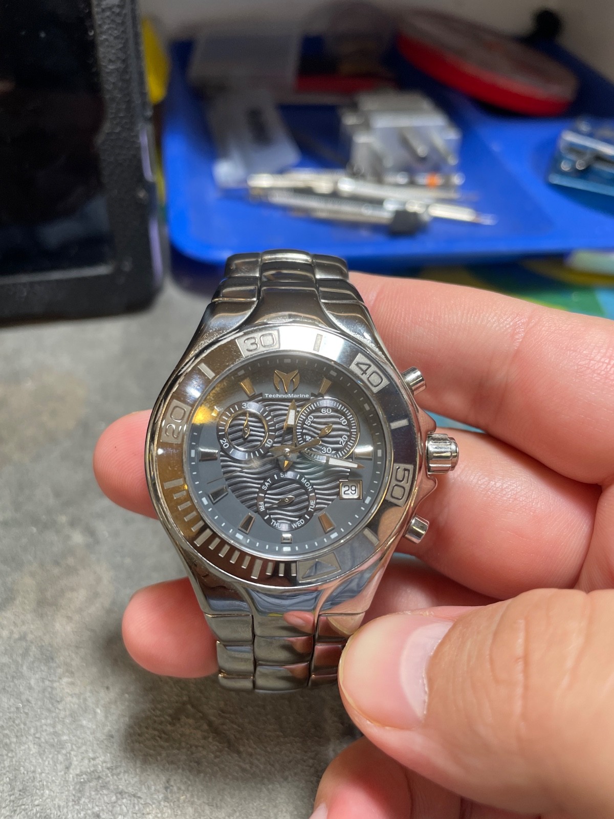 Techno Marine Sport Chronograph Analog Watch Black and blue Dial Silver Bracelet