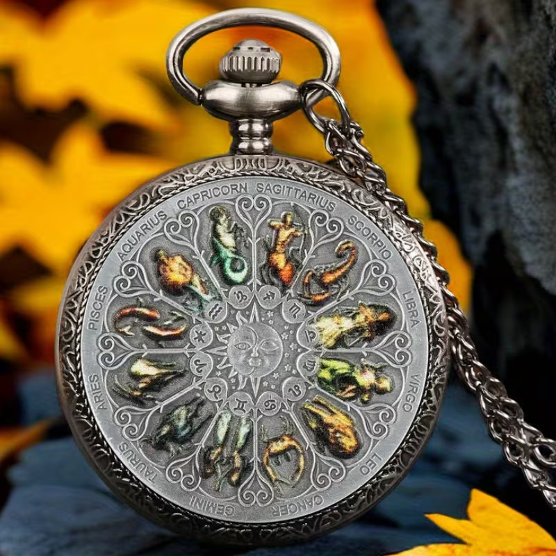 Twelve Constellation Commemorative Coins Pattern Quartz Pocket Watch Steampunk