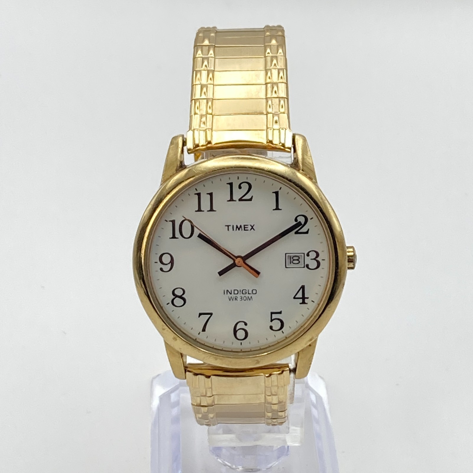 Timex Easy Reader Mens Watch 35mm Gold Tone Indiglo Date Stretch 30M New Battery