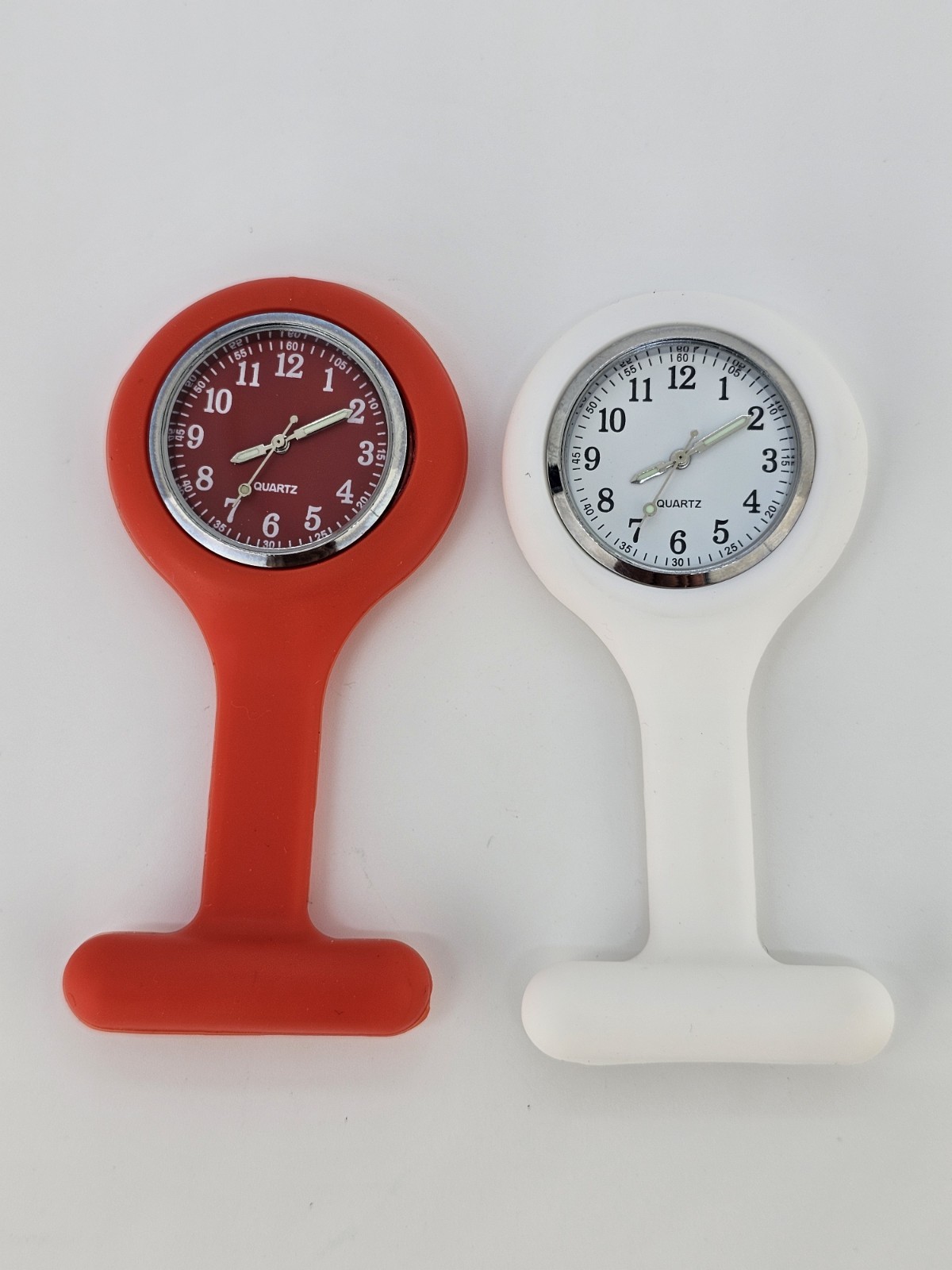 2X Nurse Watch White Red Silicone Nurse Watch Brooch Tunic Fob Watch New Battery