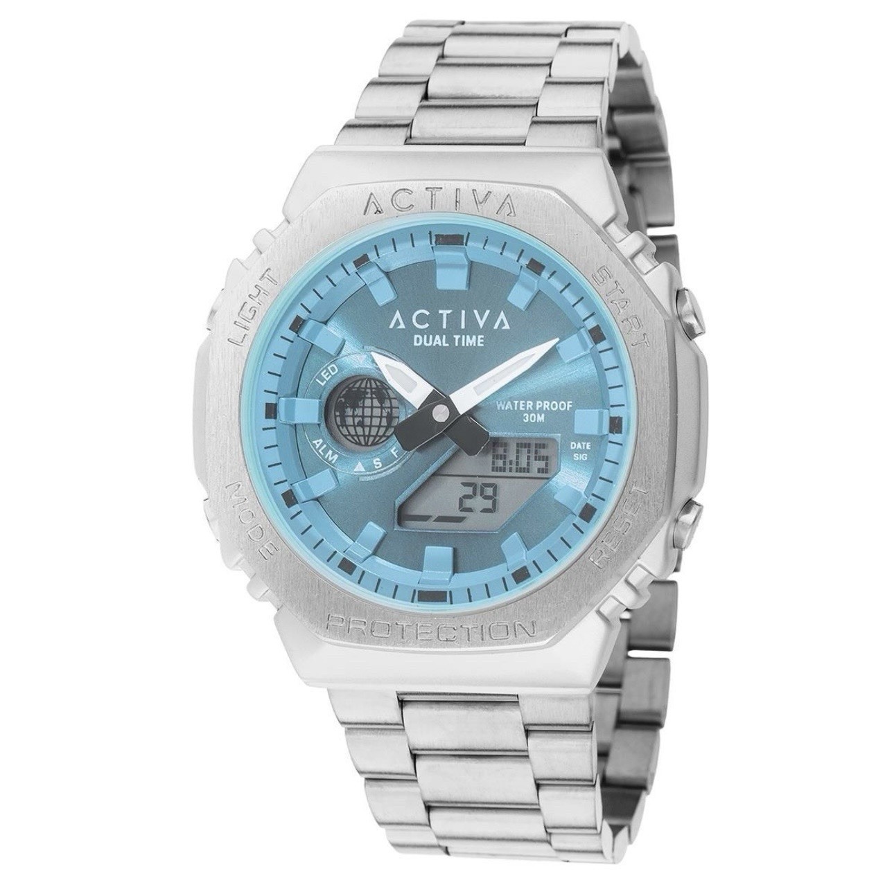 Activa ACWM423-003 Dual Time Quartz Silver Blue Analog Digital Read Description