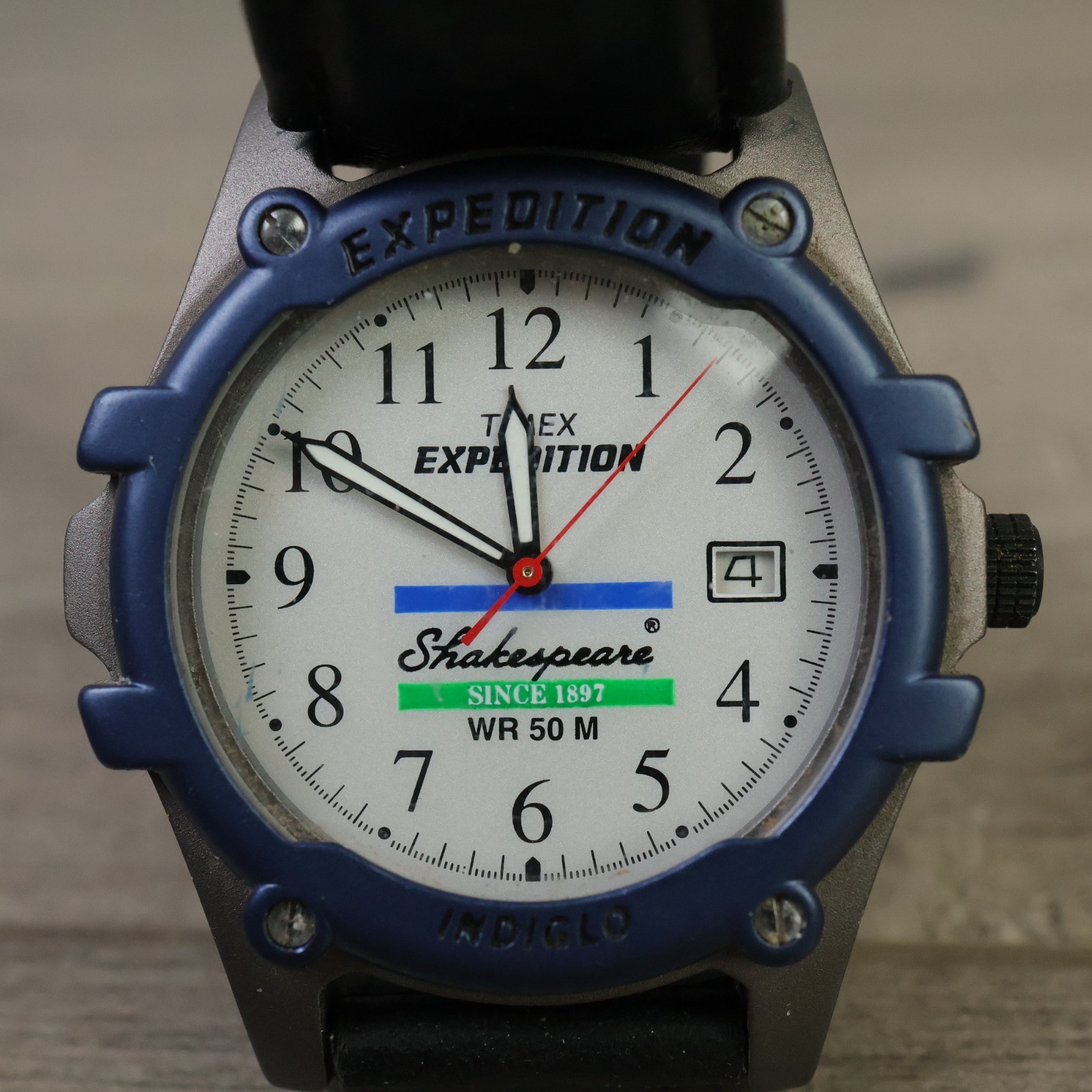 Timex Expedition Mens Watch 39mm Silver Tone Indiglo Date Shakespeare Fishing