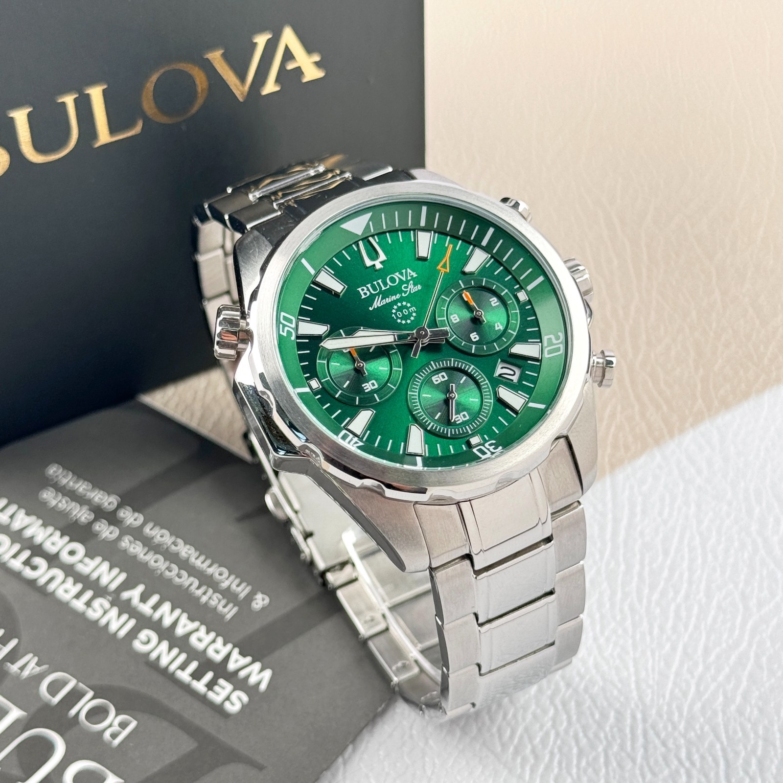 Bulova Marine Star 43MM Green Dial Quartz Chronograph Men’s Watch 96B396