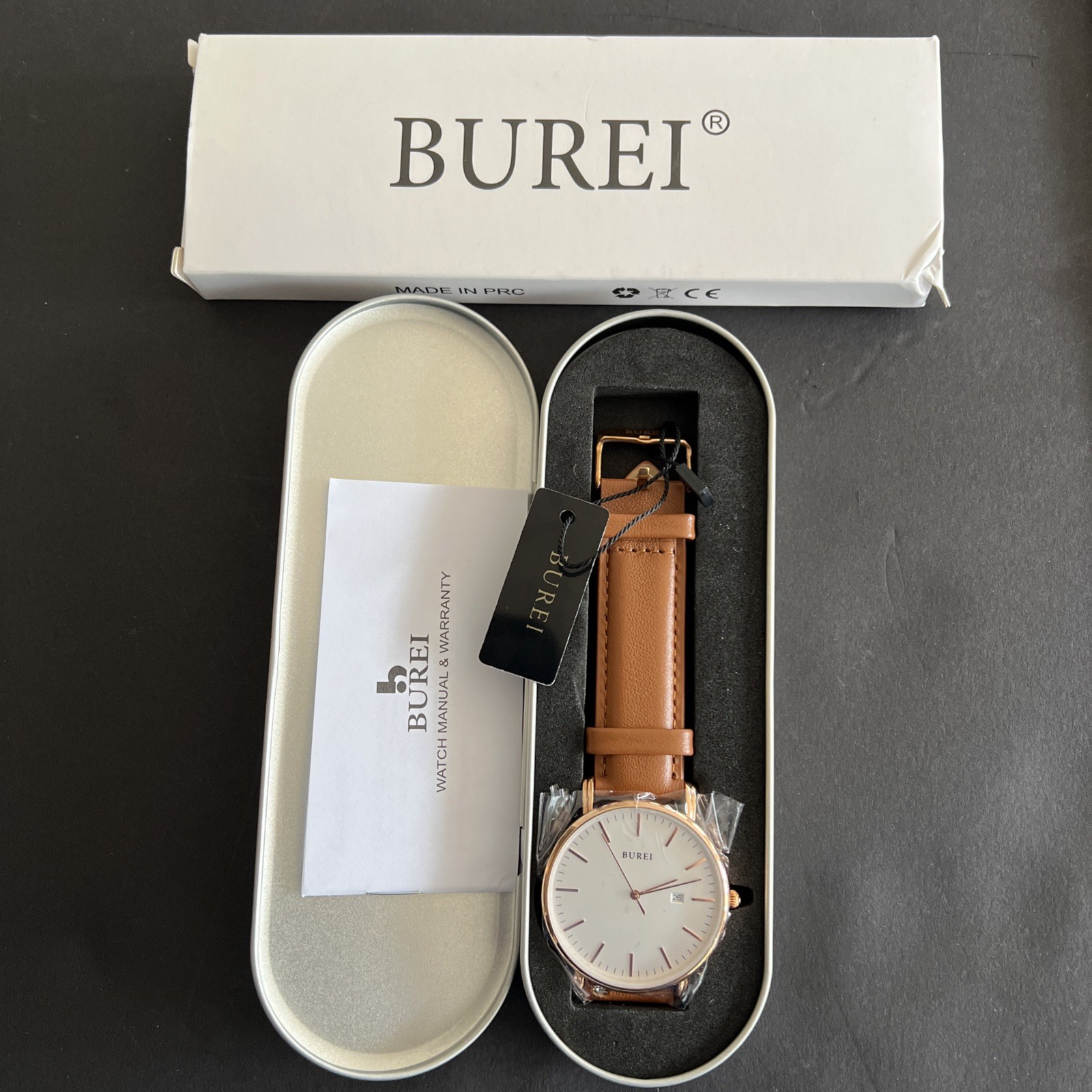 Burei Men’s Watch BS0008-BMMMZ White Dial Rose Gold Brown Leather Date NIB