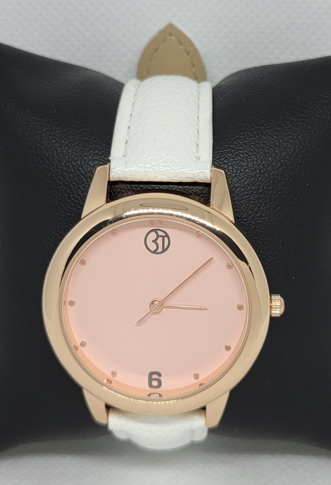 Unisex 3T Rose Gold Tone White Leather Band Black Dial Quartz Analog Watch E2