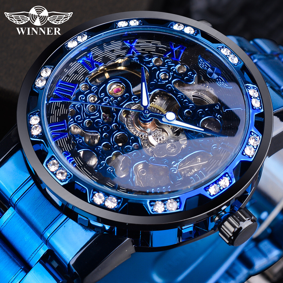 T-WINNER MEN’S STAINLESS STEEL VINTAGE DIAMOND HOLLOW SKELETON MECHANICAL WATCH