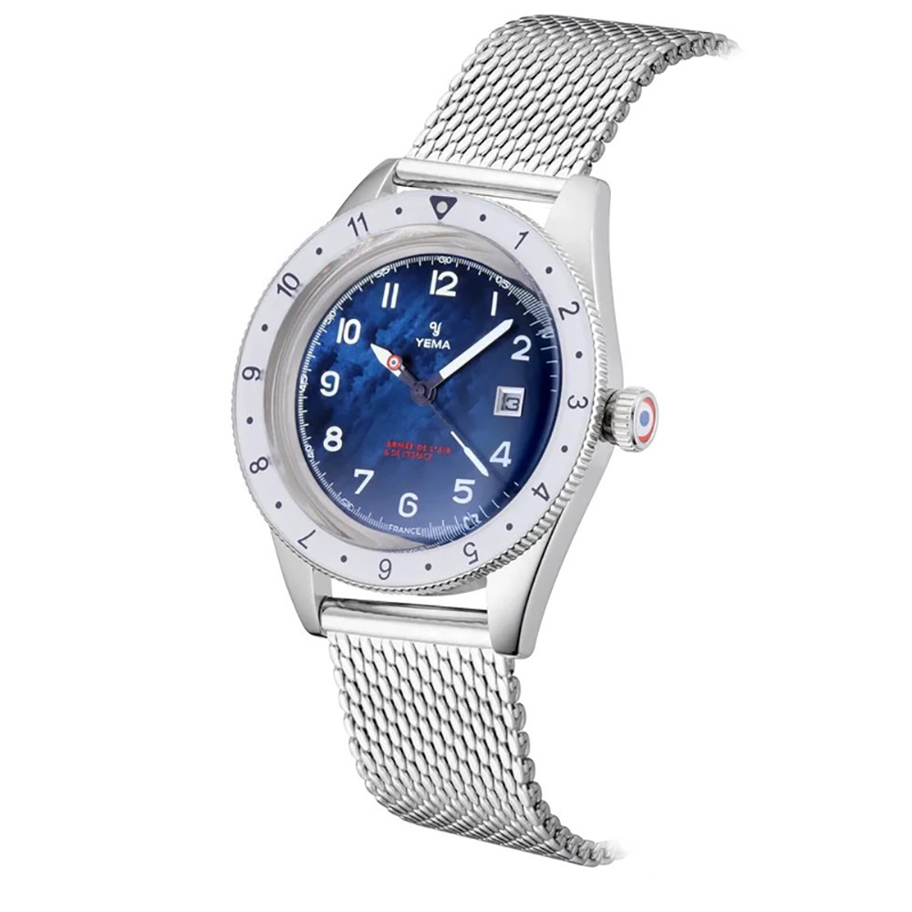 YEMA Flygraf Quartz Steel Mesh Leather Date Mother of Pearl Blue Women’s Watch