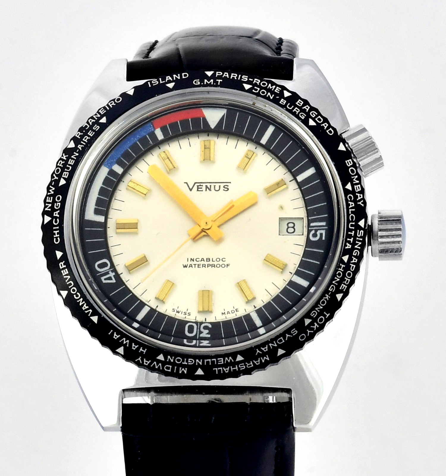 Vintage VENUS Incabloc Waterproof World Time Date 17 Jewels Mens Wristwatch