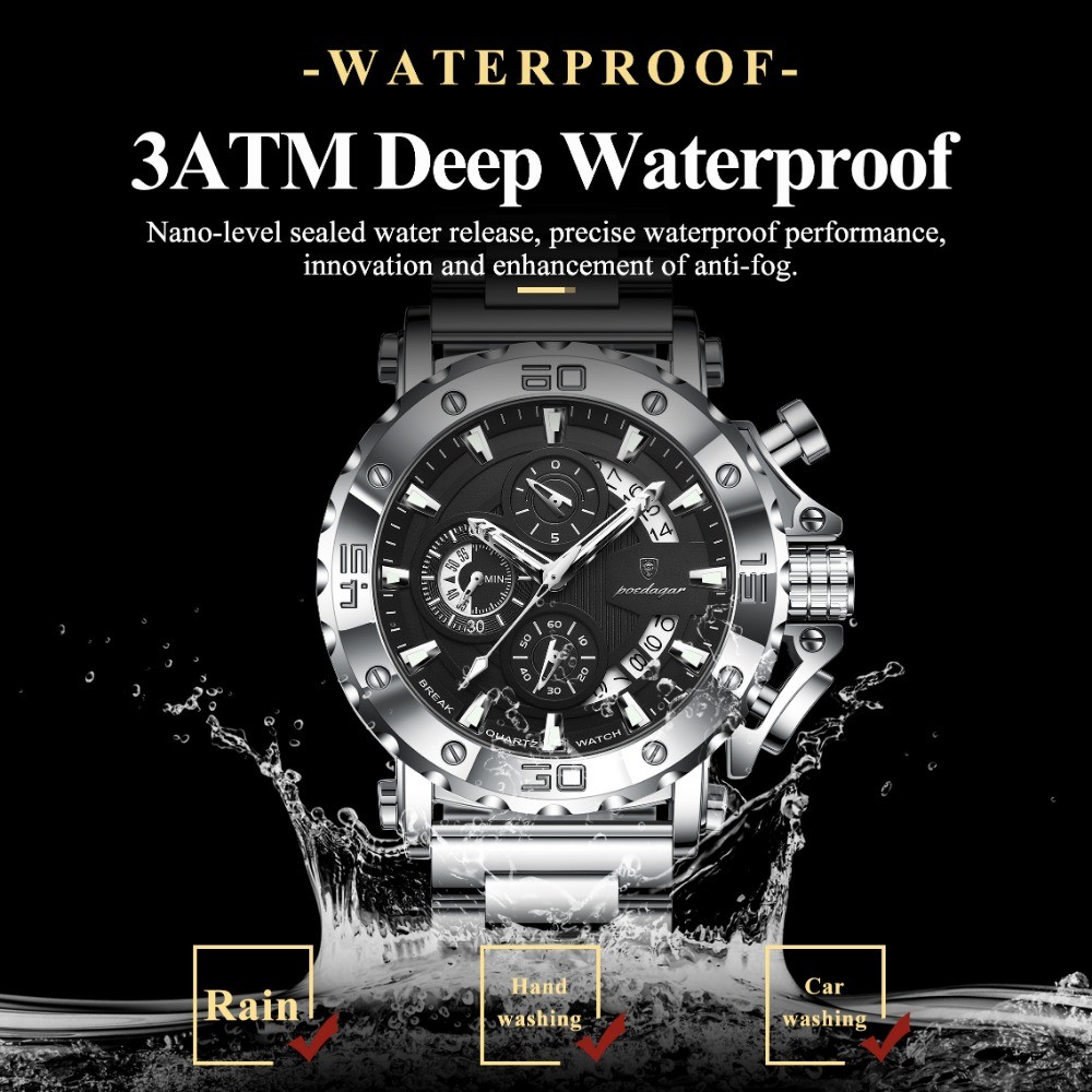 POEDAGAR Men Calendar Luminous Waterproof Stainless Steel Fashion Quartz Watch