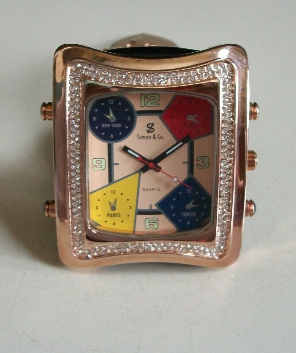 Men’s Stone Rose Gold Multicolor Black Leather Band Fashion Hip Hop Watch