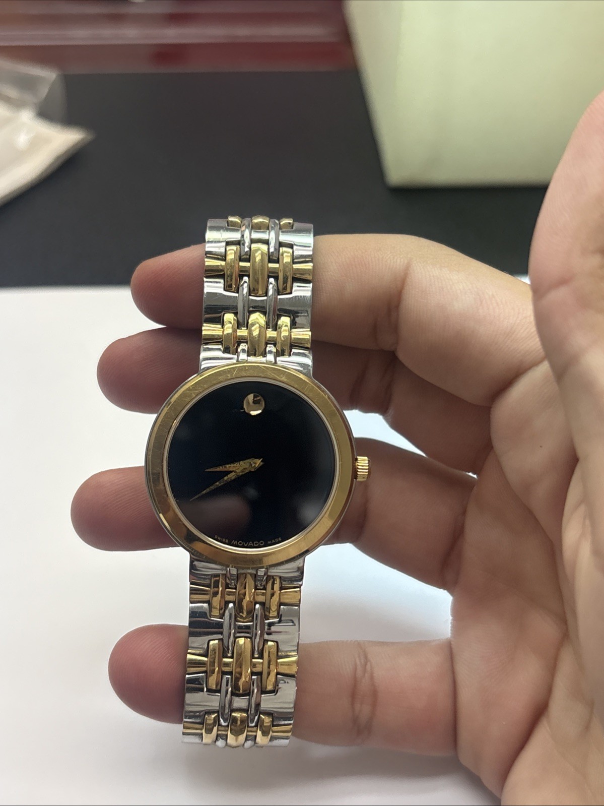 Men’s Movado Two Tone Fits Wrist Size 7.5”(little Scratch In Dial + Hands Dirty