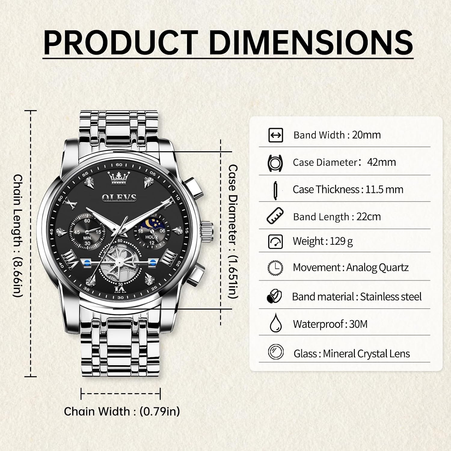 Elegant Stainless Steel Men’s Watch with Black Face & Diamond Roman Numerals