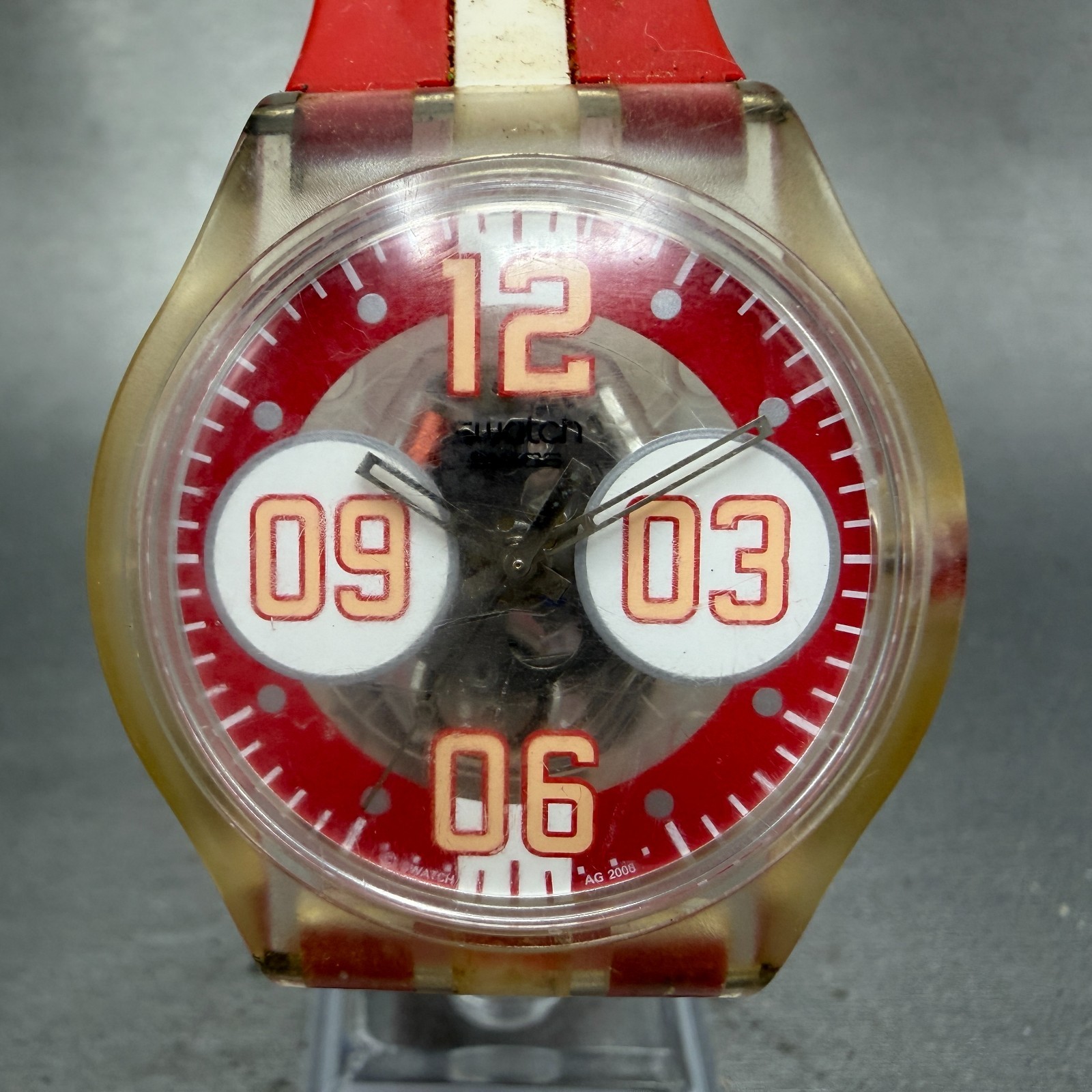 Swatch Jelly in Jelly On Your Top Watch Men 38mm Red Dial Clear SUJK120 New Batt
