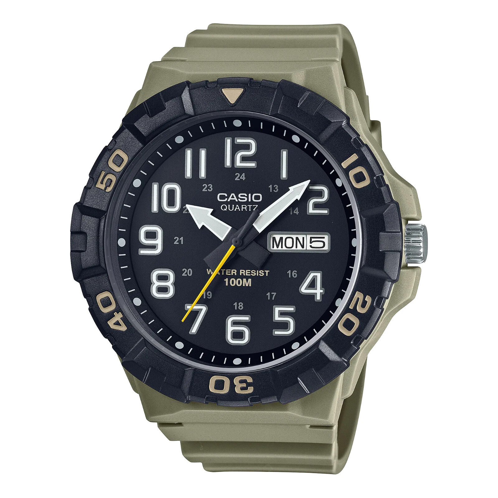 Casio MRW210H-5AV, Oversized Dial, Khaki Resin Band, Day/Date, 100 Meter WR