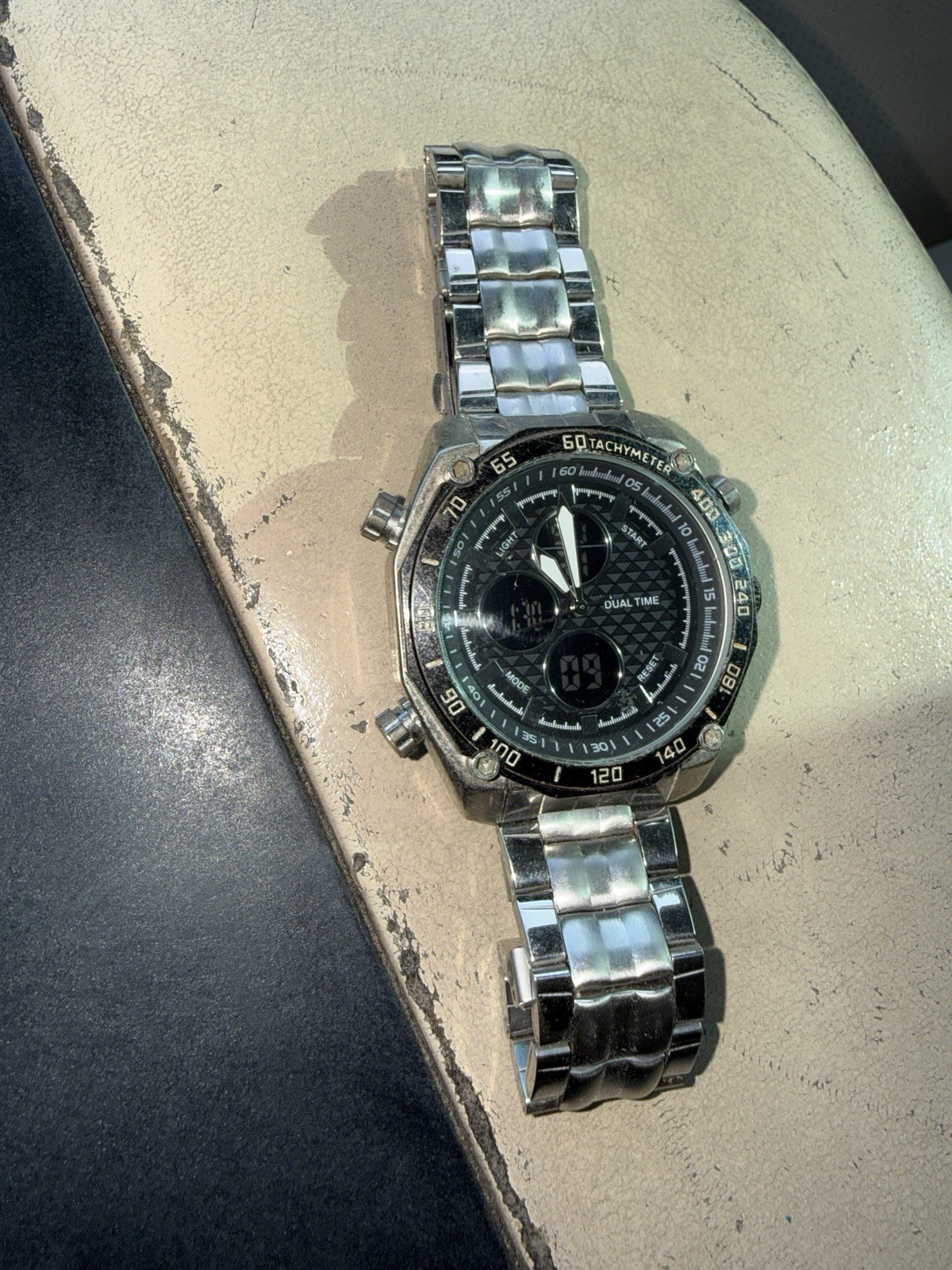 Dual Time Analog-Digital Quartz Tachymeter 45mm Stainless Steel Silver Watch