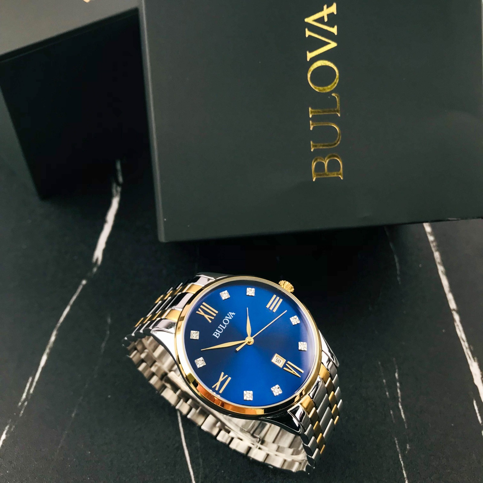 Bulova Classic 98D130 Men’s Diamond Accent Two-Tone Blue Dial 40mm Quartz Watch