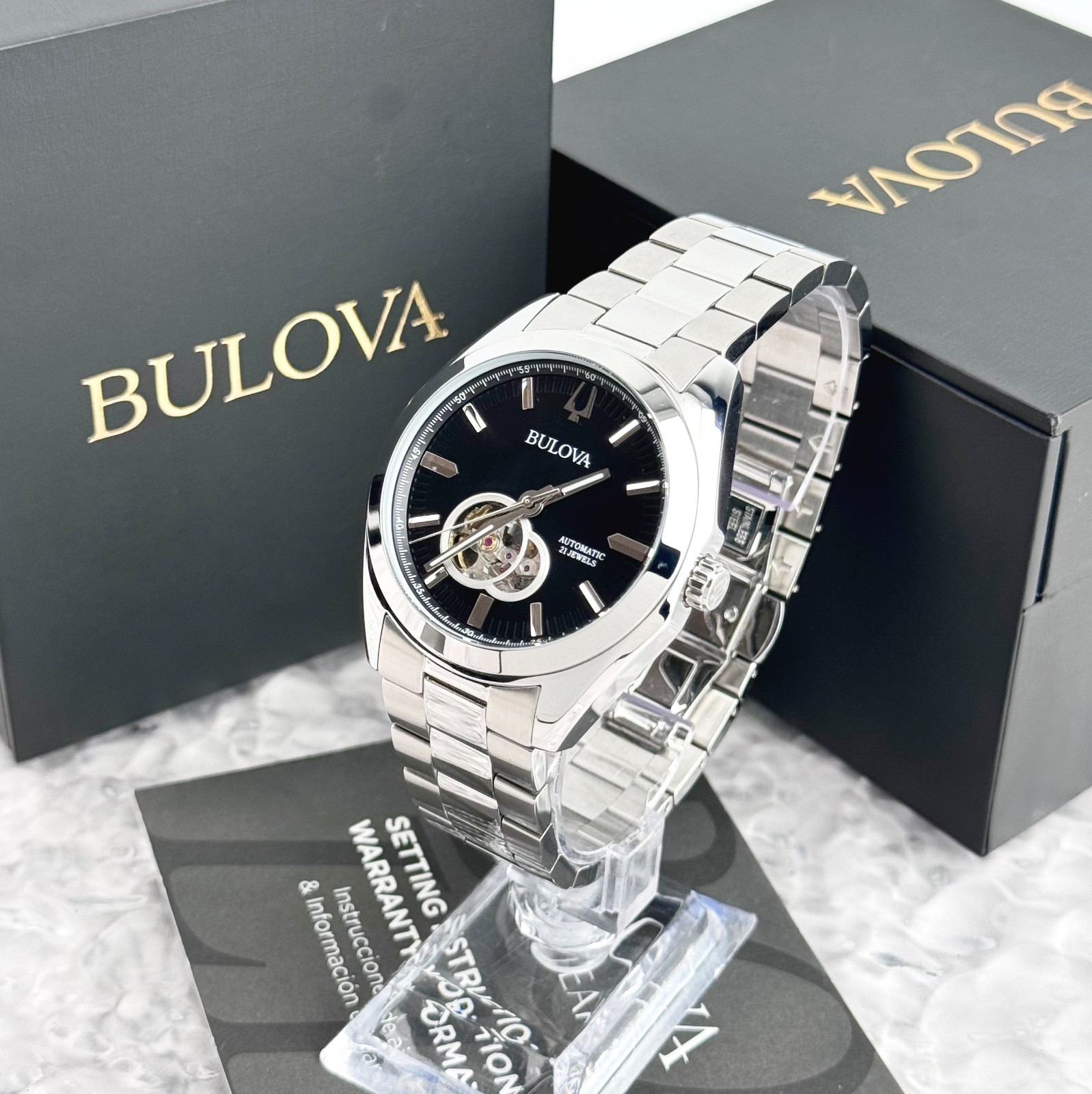 Bulova Surveyor Automatic Black Dial Silver Stainless Steel Men’s Watch 96A270
