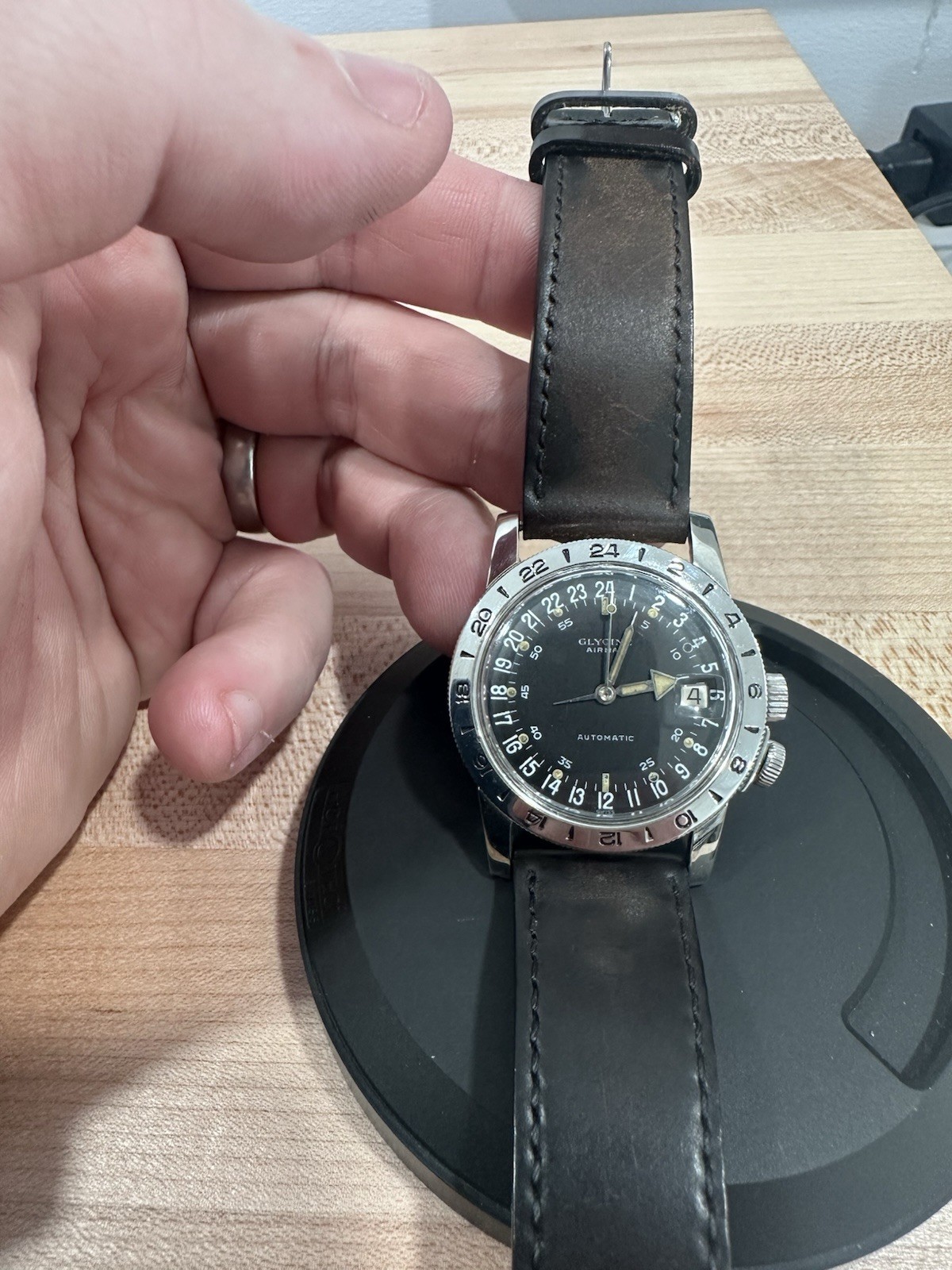 Vtg 1960s im Glycine Airman 36mm SS Automatic Pilot Men’s Watch 24hr dial.