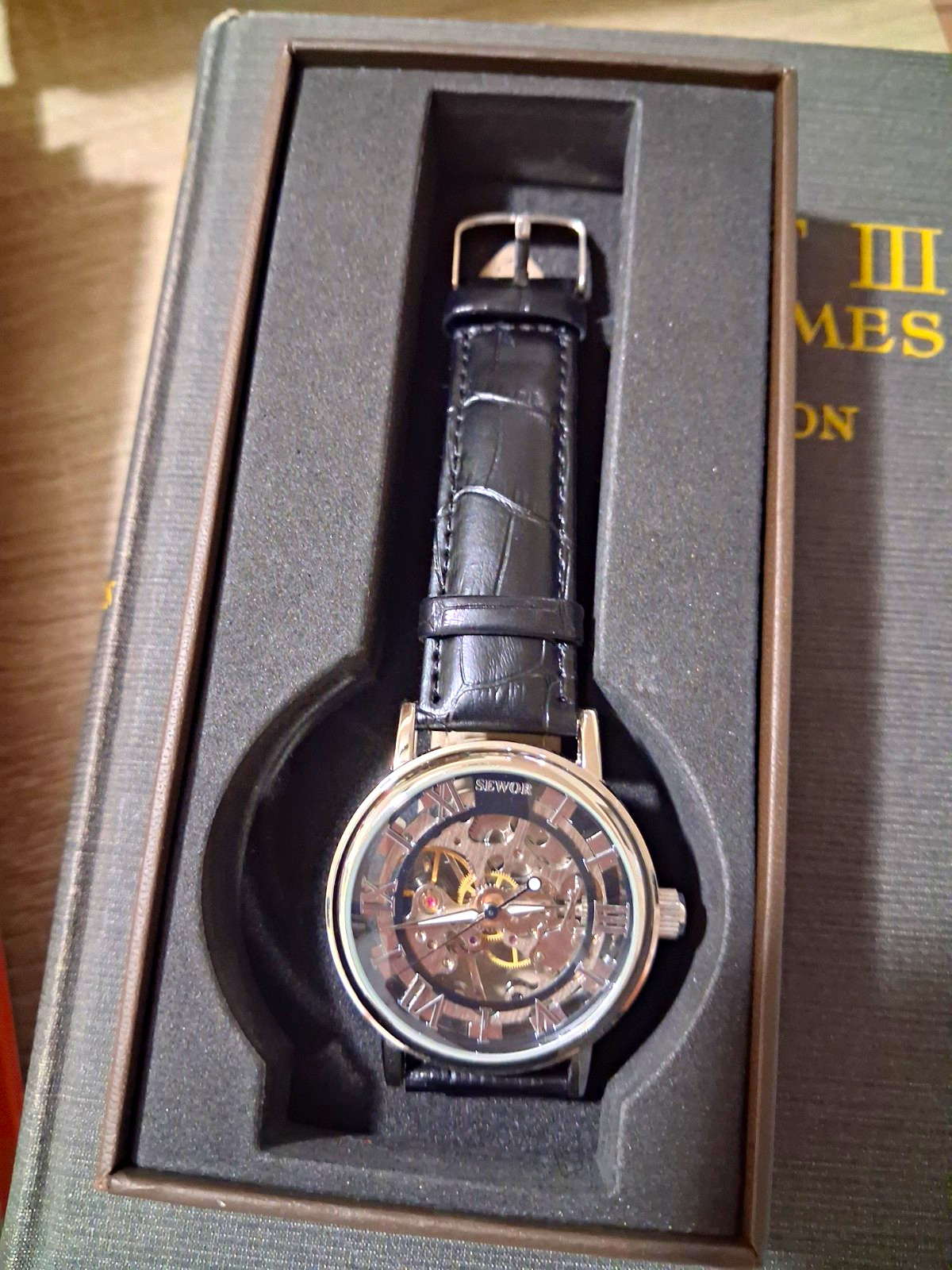 SEWOR Skeleton Manual Mechanical Watch 40mm Silver Case Brown Box – Working