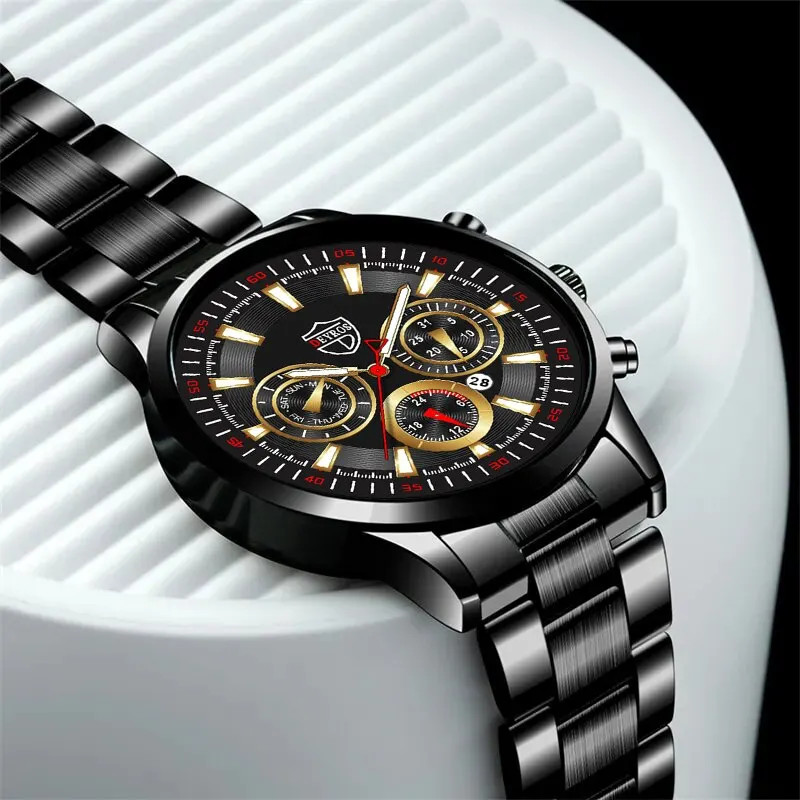 Men’s Stainless Steel Quartz Watch with Luminous Date and Leather Bracelet