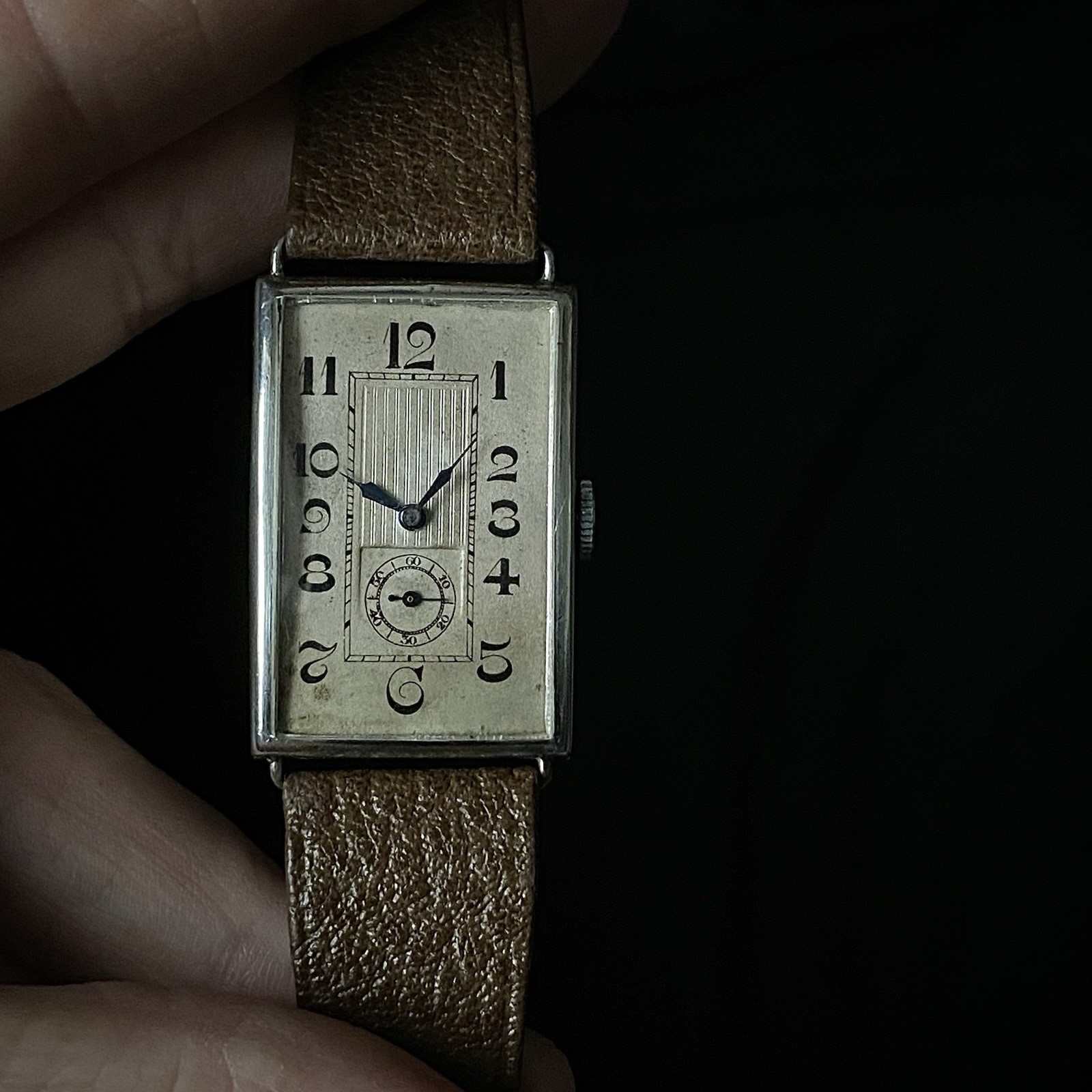 Large 1928 Art Deco Silver cased curved rectangular watch engraved silver dial