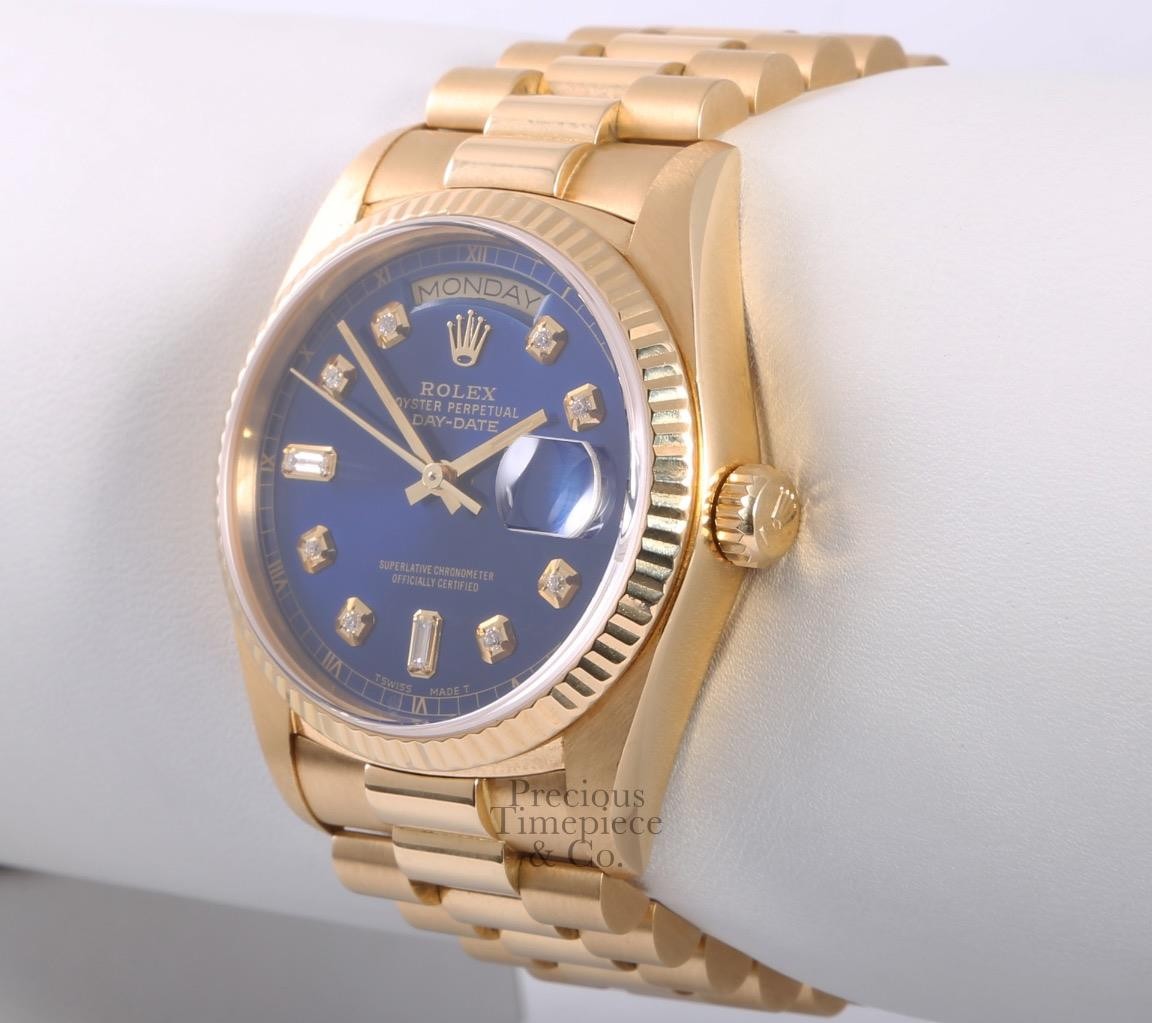 Rolex Day-Date 36mm 18038 President 18K Yellow Gold Fluted, Blue Diamond Dial