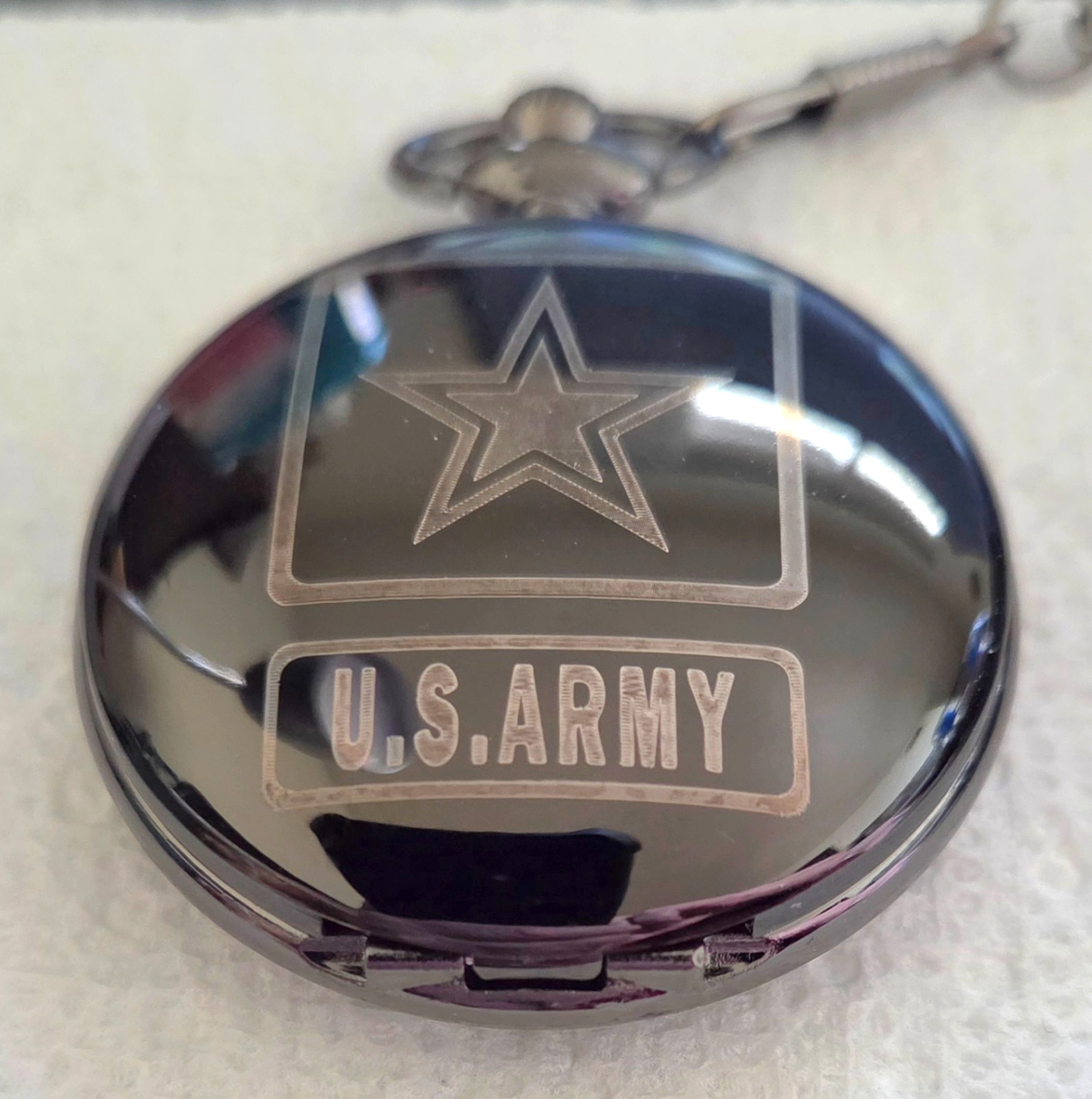 UNITED STATES ARMY HIGH GLOSS BLACK POCKET WATCH W/POCKET CHAIN
