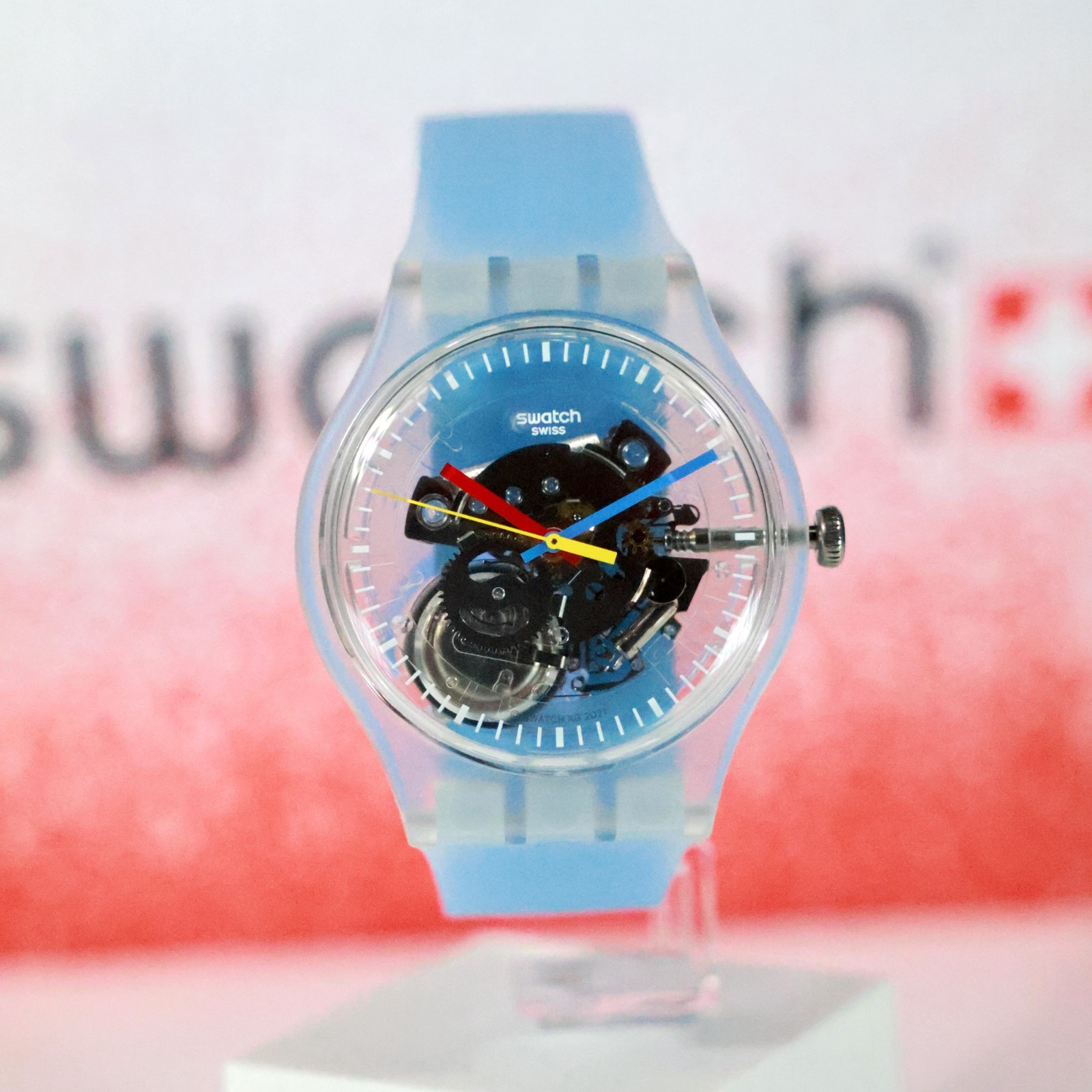 New Rare Swiss Made Swatch Clearly Blue Striped Transparent Watch SUOK156 41MM