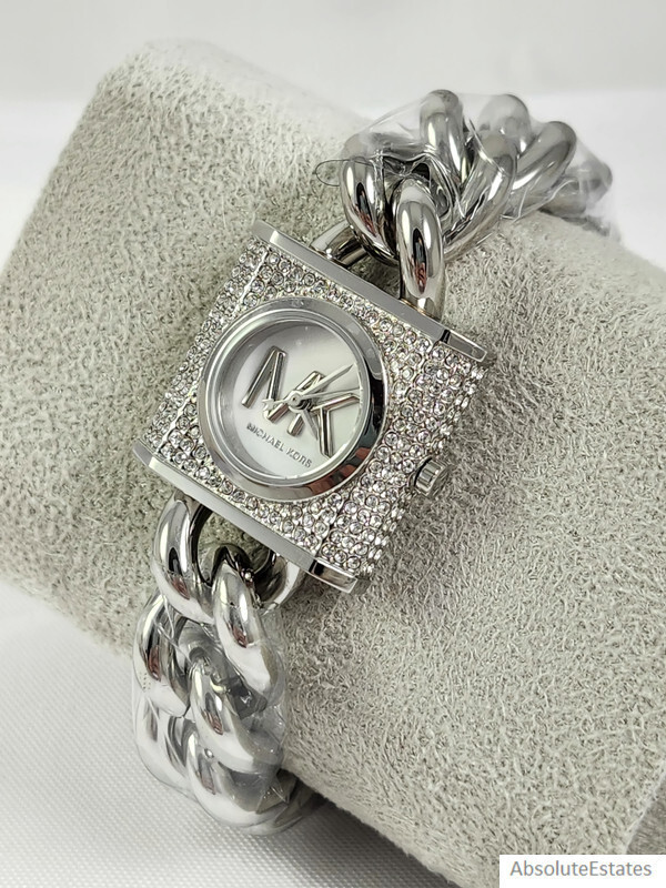 NEW Michael Kors Pave Silver Chain Lock Crystal Bracelet Watch $250 NWT