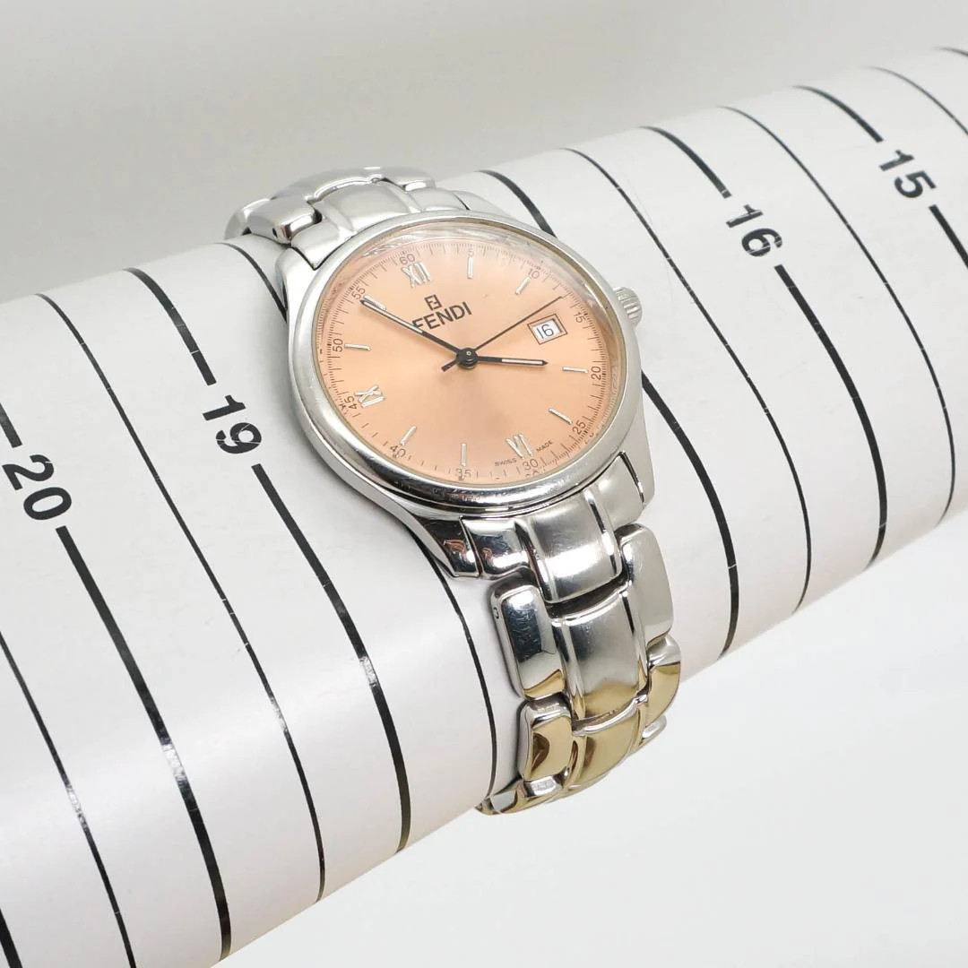 FENDI 210G Mens Round 34mm Stainless Steel Salmon Pink Quartz Date Watch