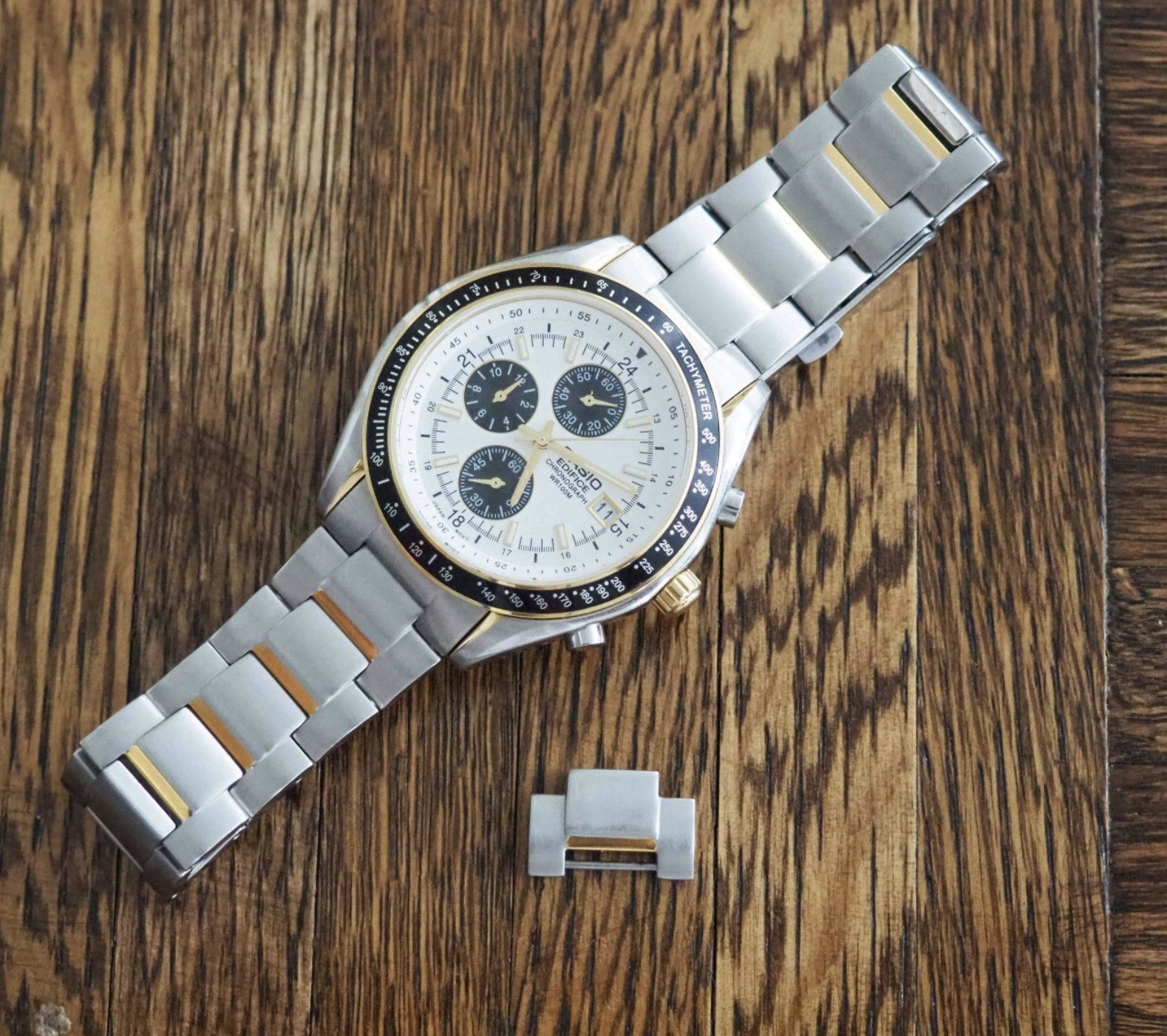 Casio Edifice Quartz Chronograph Tachymeter 100m Two-Tone SS Watch White Dial