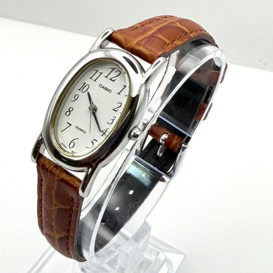Casio Oval Watch, Battery Replaced, Gold, Genuine Leather Strap, Brown, Working