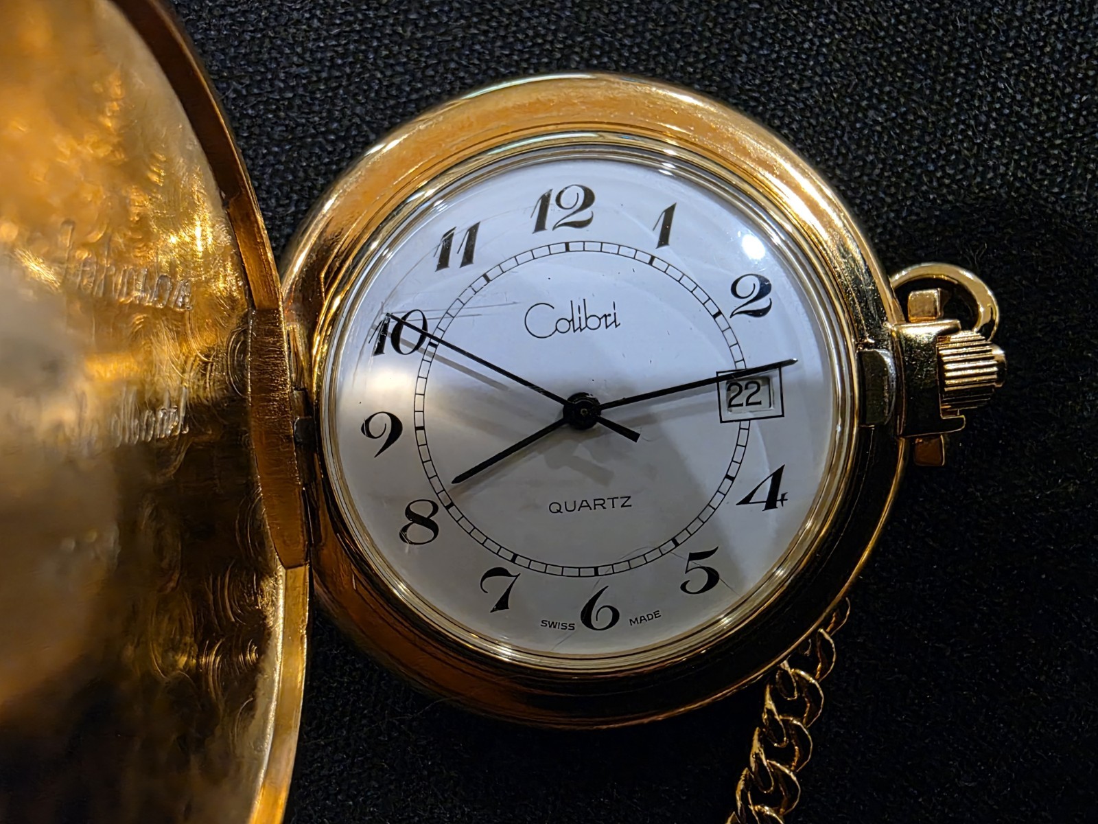 Colibri Quartz Full Hunter Gold Plated Pocket Watch w/ Chain Date, Engraved 1984