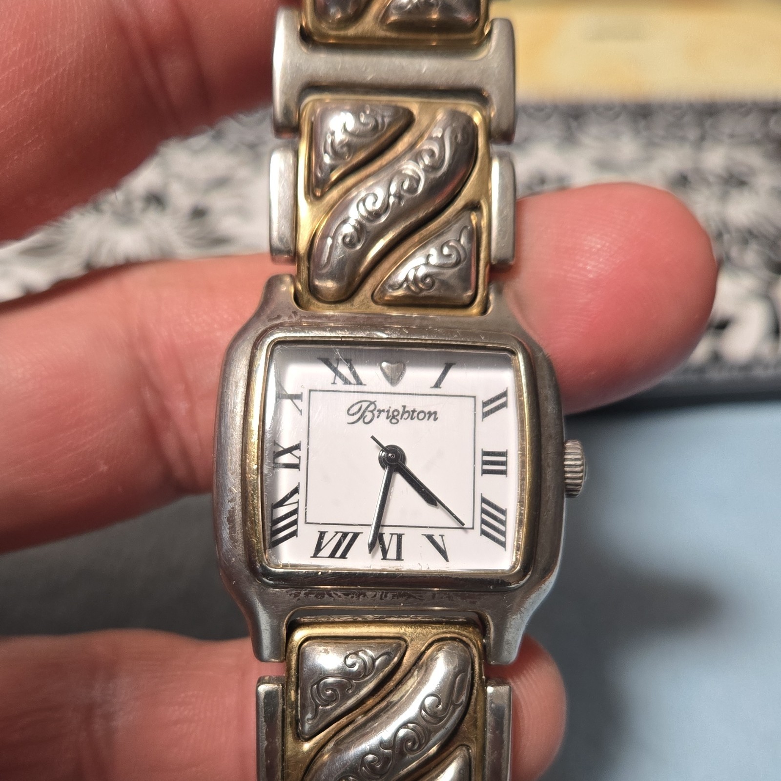 Brighton Glenn Heights Quartz Two-Tone Bracelet White Roman Dial Square Box