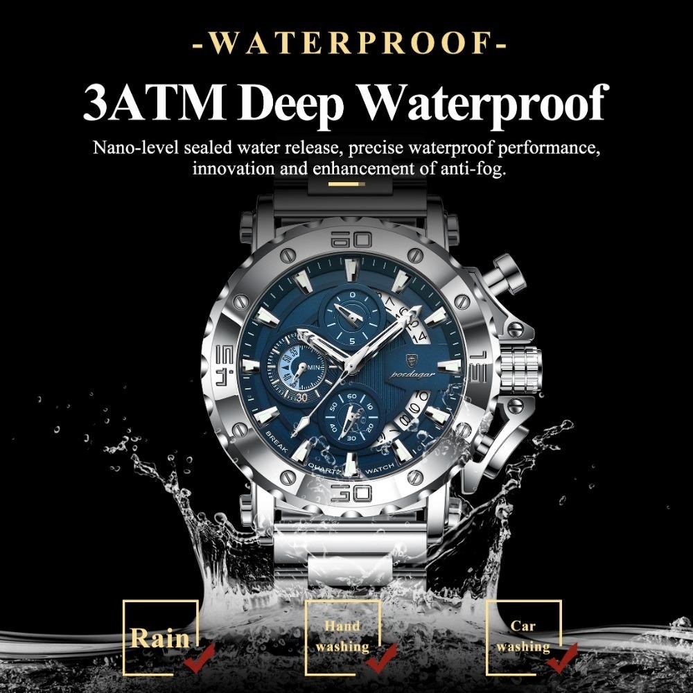 POEDAGAR Men Calendar Luminous Waterproof Stainless Steel Fashion Quartz Watch