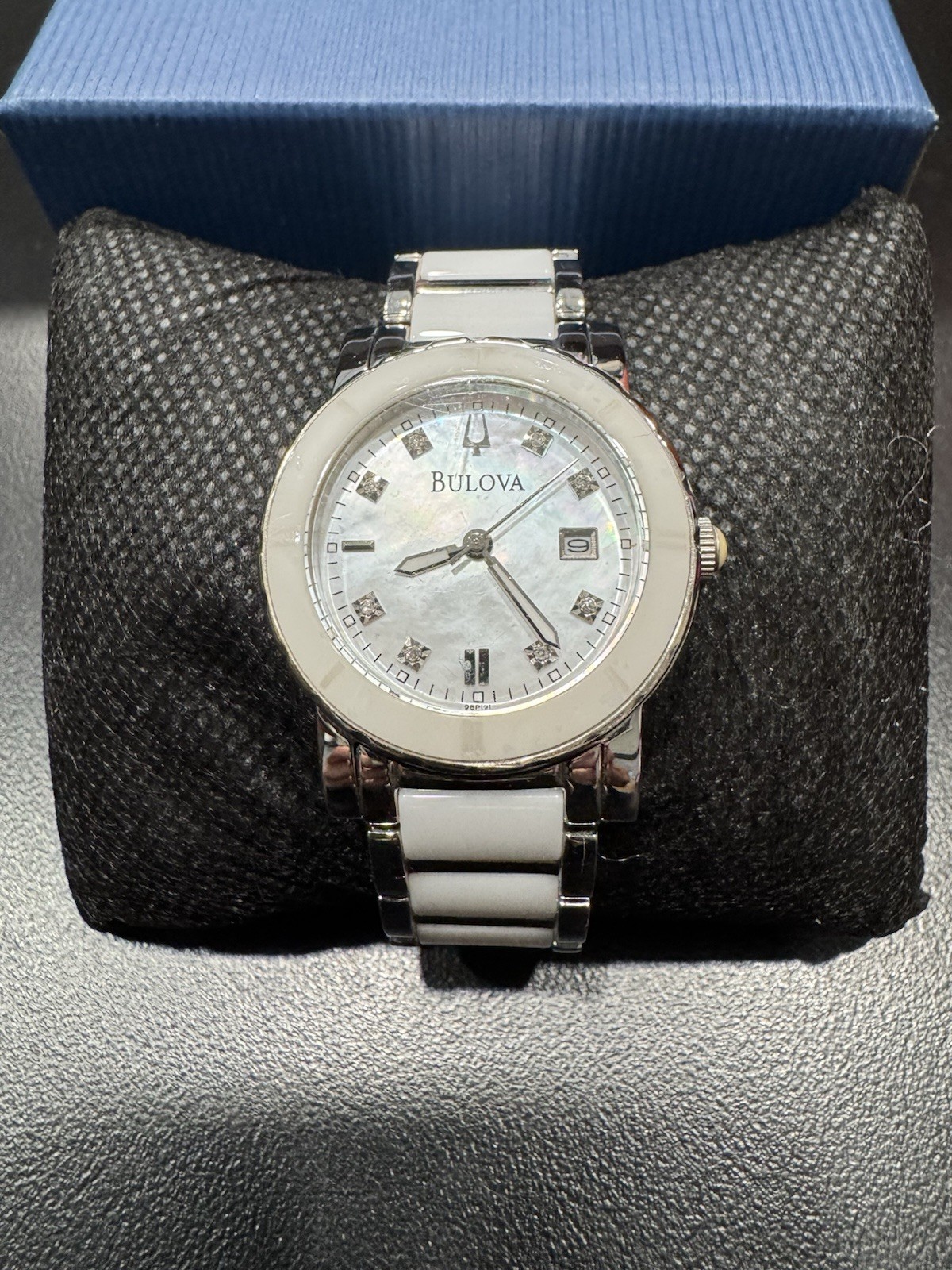 Bulova Women’s White Ceramic Mother of Pearl Diamond Accent Quartz Watch