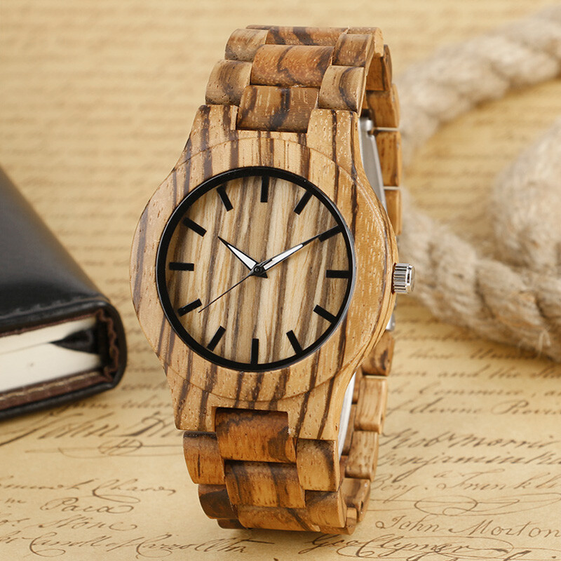 Men Women Cool Nature Wood Wrist Watch Fold Clasp Bamboo Stripe Gift Handmade