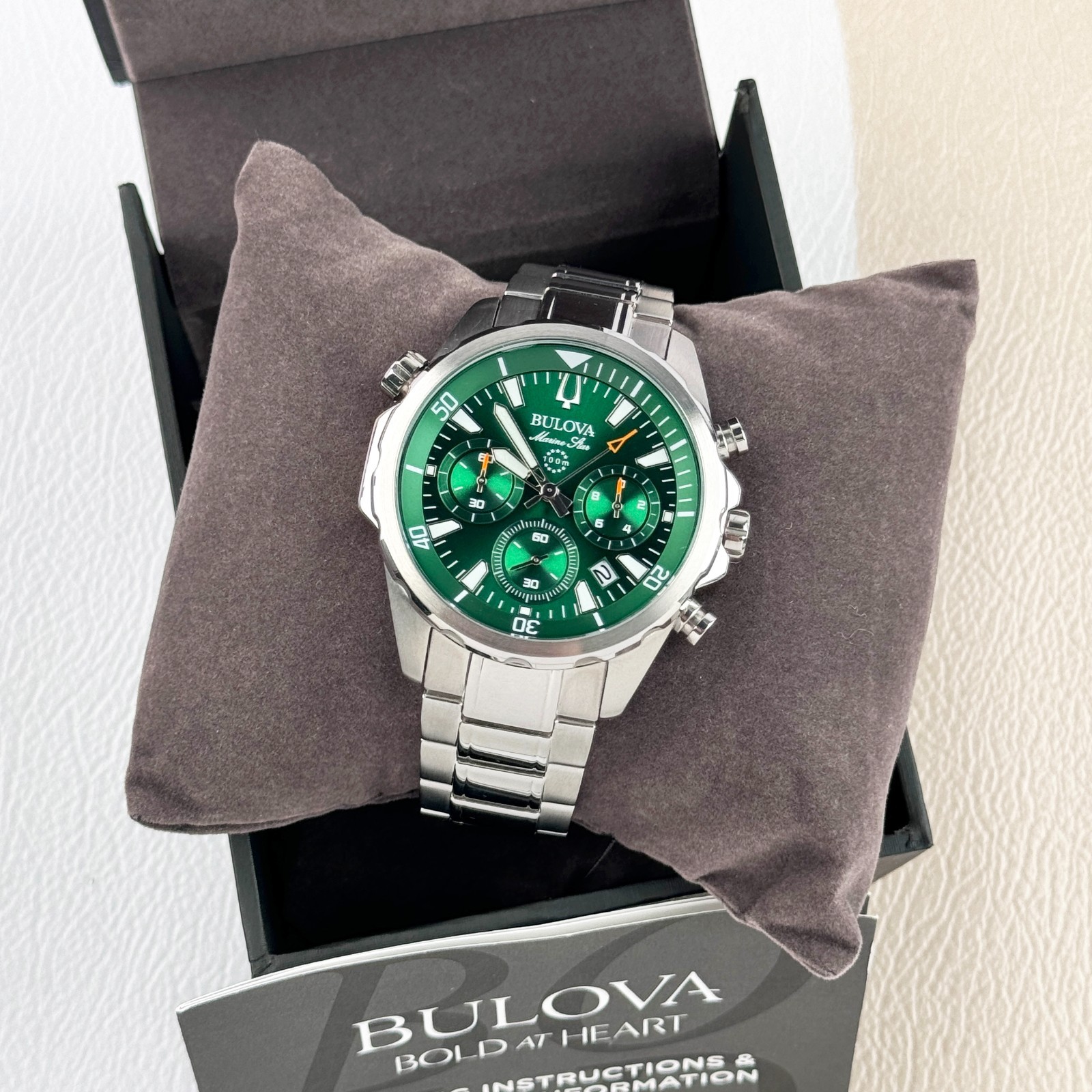 Bulova Marine Star 43MM Green Dial Quartz Chronograph Men’s Watch 96B396
