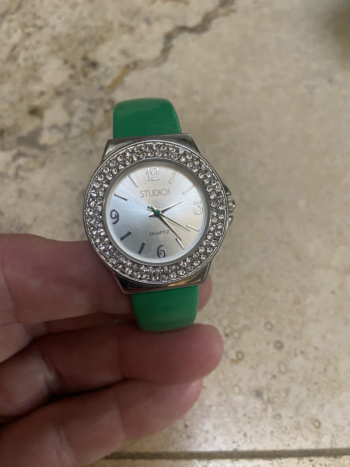 Studio Women’s Quartz Wristwatch Green Bangle Gem-Set Bezel Silver Dial